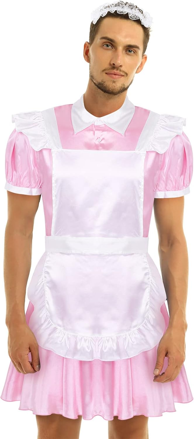 Yeahdor Men'S Short Sleeve Satin French Maid Uniform Crossdressing Sissy Lingerie Fancy Dress Outfits