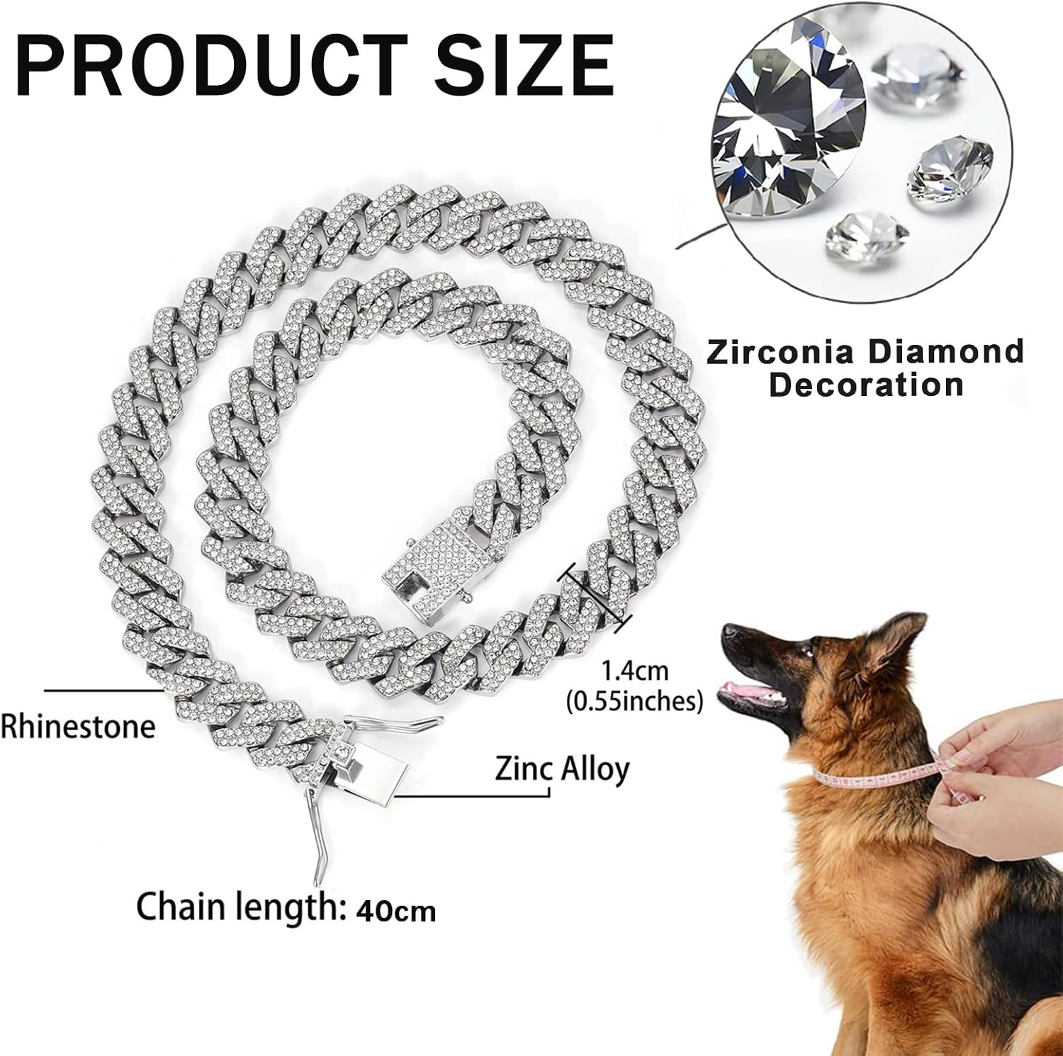 Lilbitty Silver Dog Collar Diamond Cuban Link Collar 13 Mm Wide Dog Collar Metal Cat Collar Pet Crystal Collar Jewellery Accessories 40 Cm