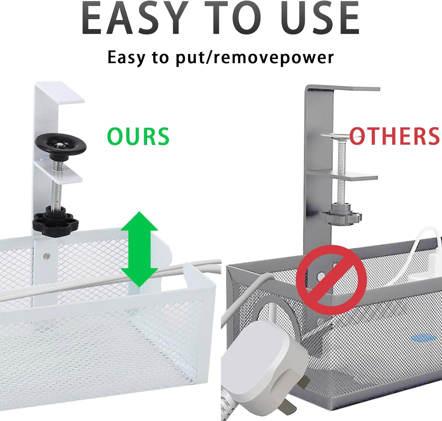 Under Desk Cable Management Tray - Easy Clamp Mount, No Drill Steel Organizer - Neat and Tidy Wire Storage for Home, Office, and Standing Desks (White) image number 4