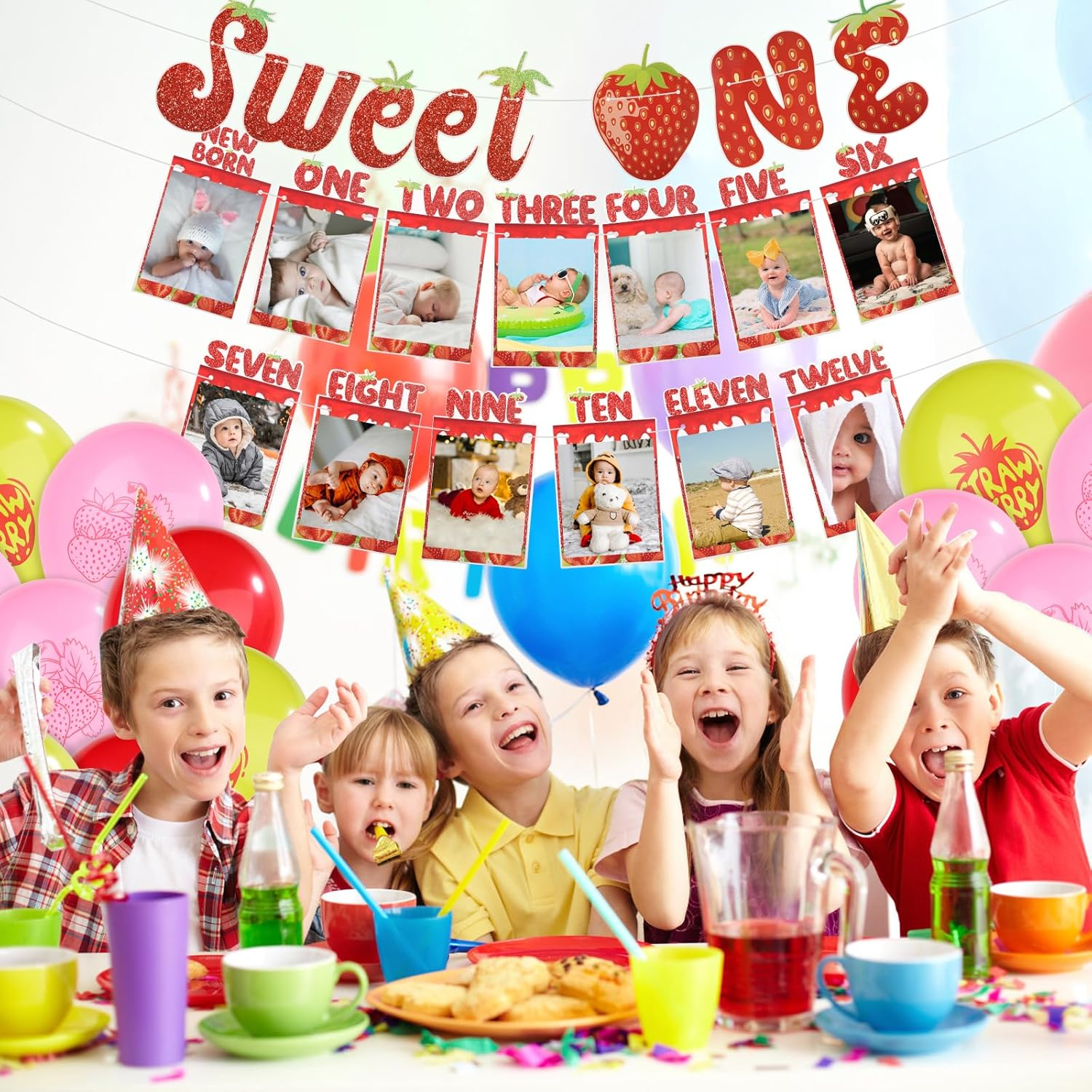 Strawberry First Birthday Party Banner, Strawberry Hanging Streamer Strawberry 1St Birthday Party Balloon Cute Pink Sweet One Birthday Party Decoration for Baby Girls for Summer Fruit Baby Shower image number 1