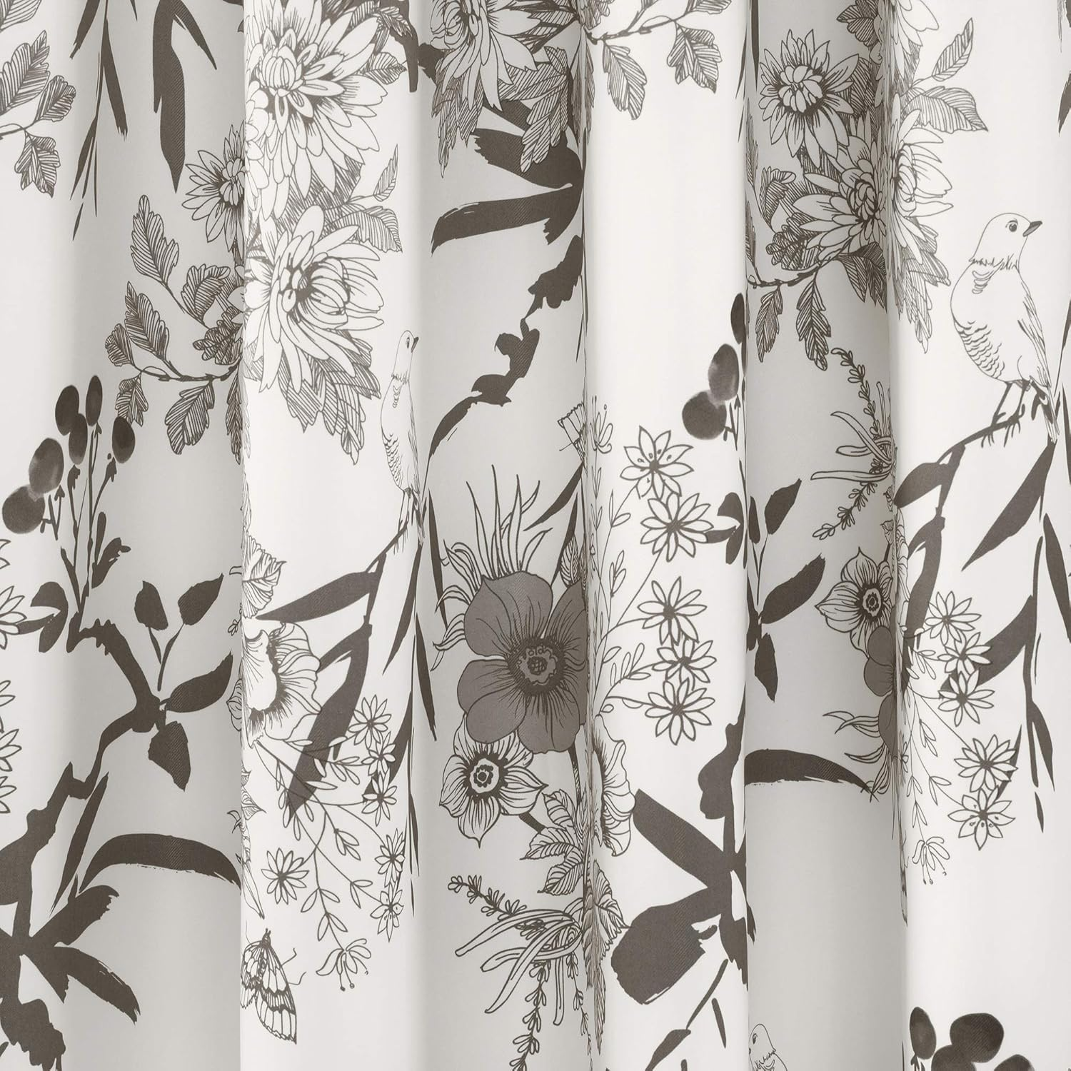 Lush Decor Botanical Garden Curtains Floral Bird Print Room Darkening Window Panel Drapes Set for Living, Dining, Bedroom (Pair), Gray & White, 52" W X 95L image number 2