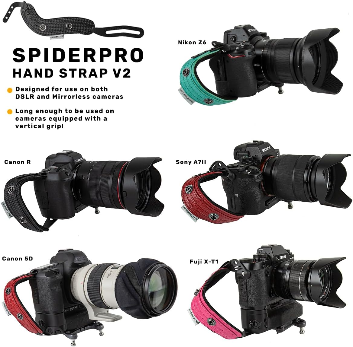 SPIDER HOLSTER &ndash; Spiderpro Camera Hand Strap V2 with Snap Assembly and Optional Wrist Strap &ndash; DSLR and Mirrorless Compatible, Black + Blue Trim, 0