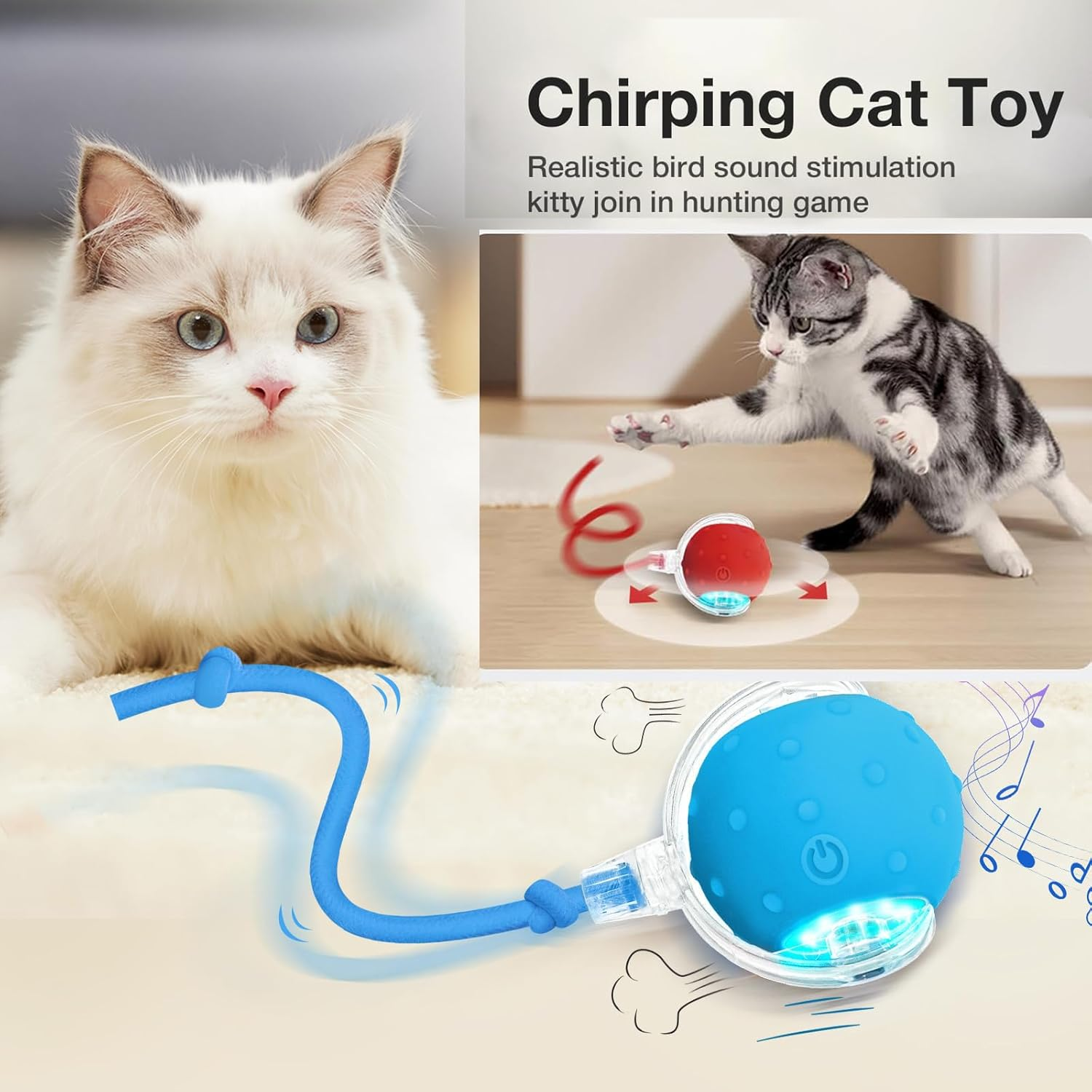 2-Pack Interactive Cat Toys Ball for Indoor Cats Fast Rolling on Carpet, Birds Chirping & Motion Activate Kitten Cat Toys (Blue & Red) image number 5