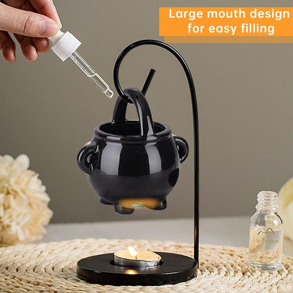 Hanging Cauldron Wax Melt Burner &ndash; Ceramic Witch Cauldron Oil Burner & Candle Holder for Essential Oils, Wax Melts & Incense, Gothic Pagan Wiccan Decor for Home, Rituals & Meditation image number 1