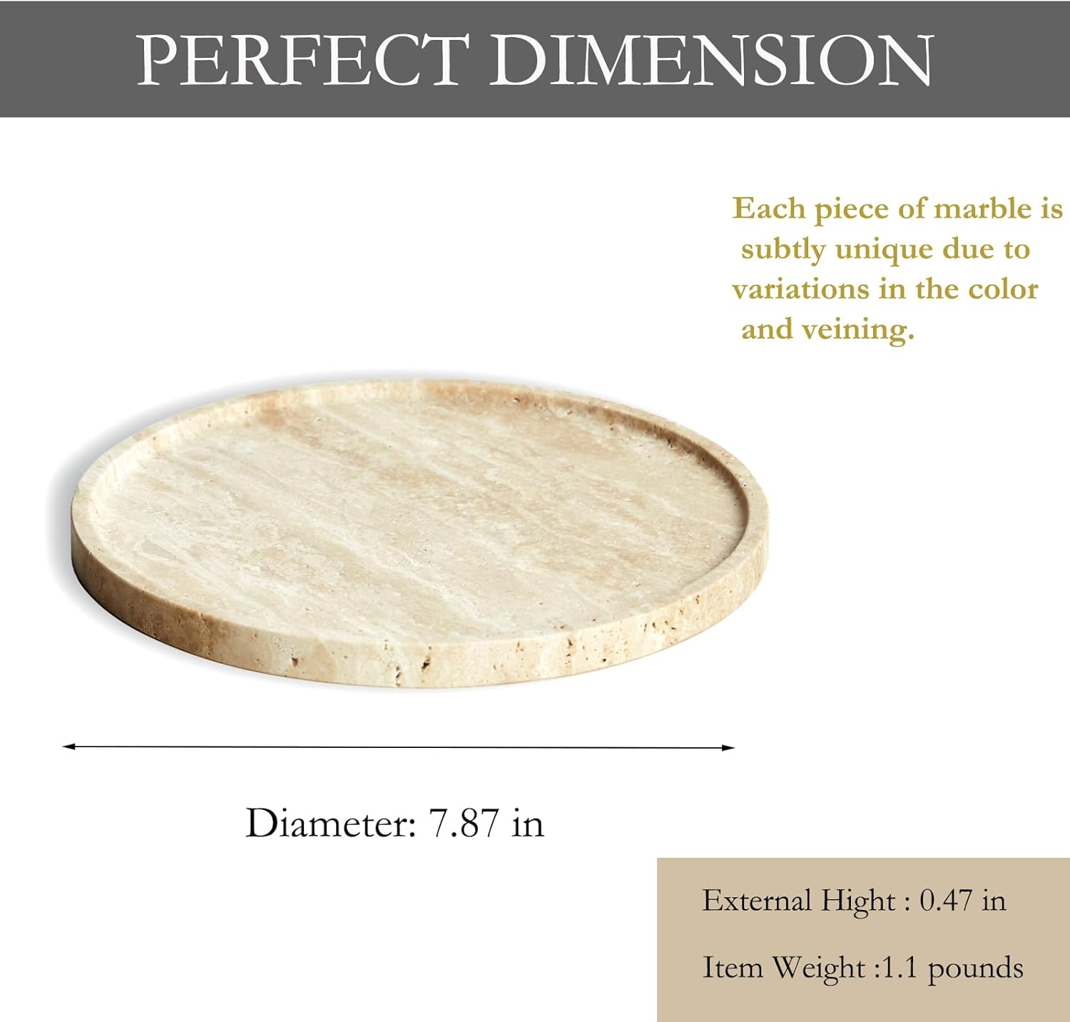 PHINILUX Travertine Marble Vanity Tray, round Ottoman Tray, Modern Decorative for Bathroom, Kitchen, Nightstand, Jewelry Dish Holder, Table Accents, Beige Travertine, Mb-Tray-T-01 - Beige image number 3