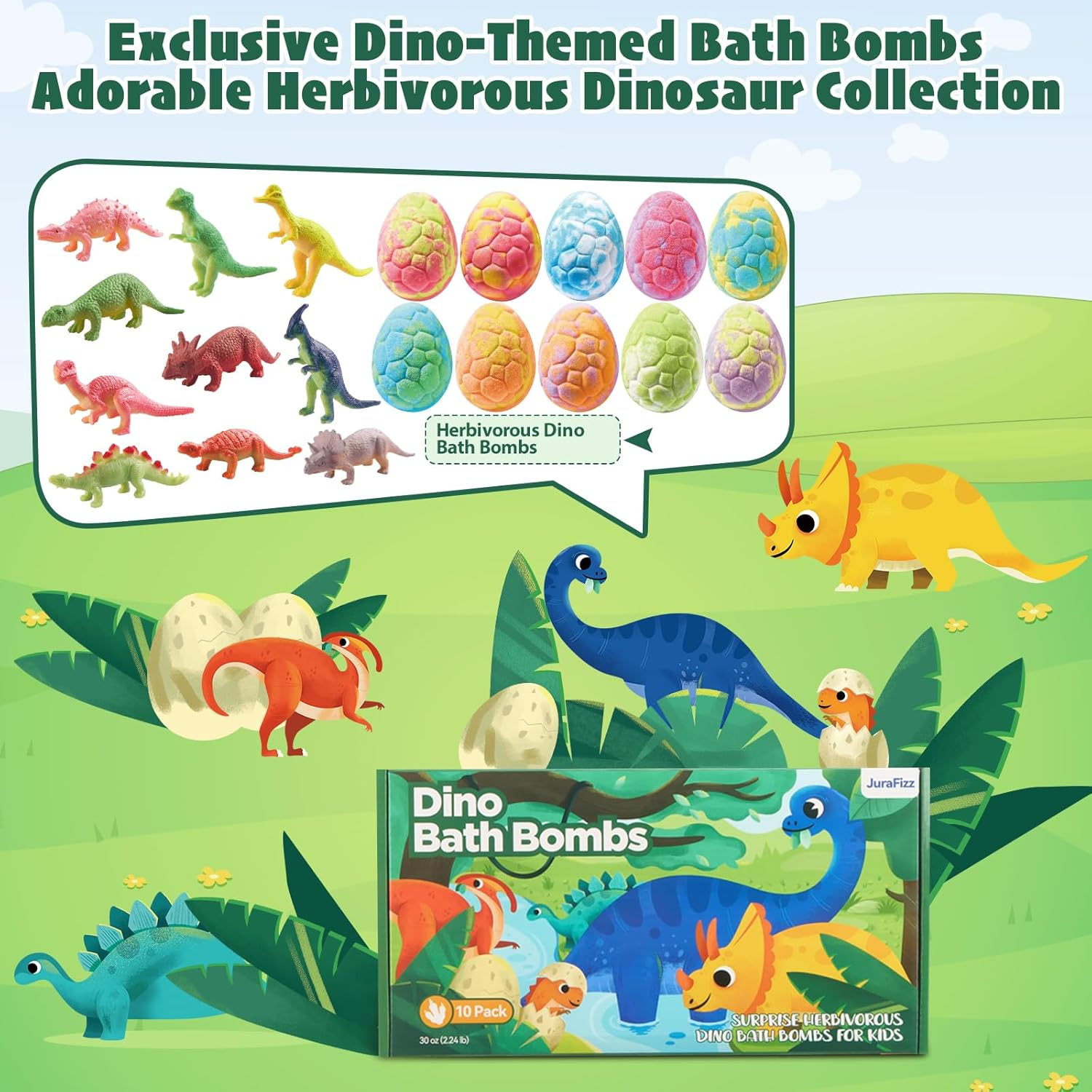 Dinosaur Bath Bombs for Kids with Surprise Inside, 10 Pack Natural Dino Egg Bath Bombs with Exclusive Herbivorous Dinosaur Toys, Fun Bath Gifts for Boys, Girls image number 1