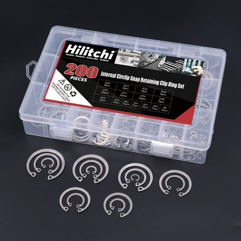 Hilitchi 200-Pcs [15-SIZE] Internal Circlip Snap Retaining Clip Ring Assortment Set - 304 Stainless Steel image number 1