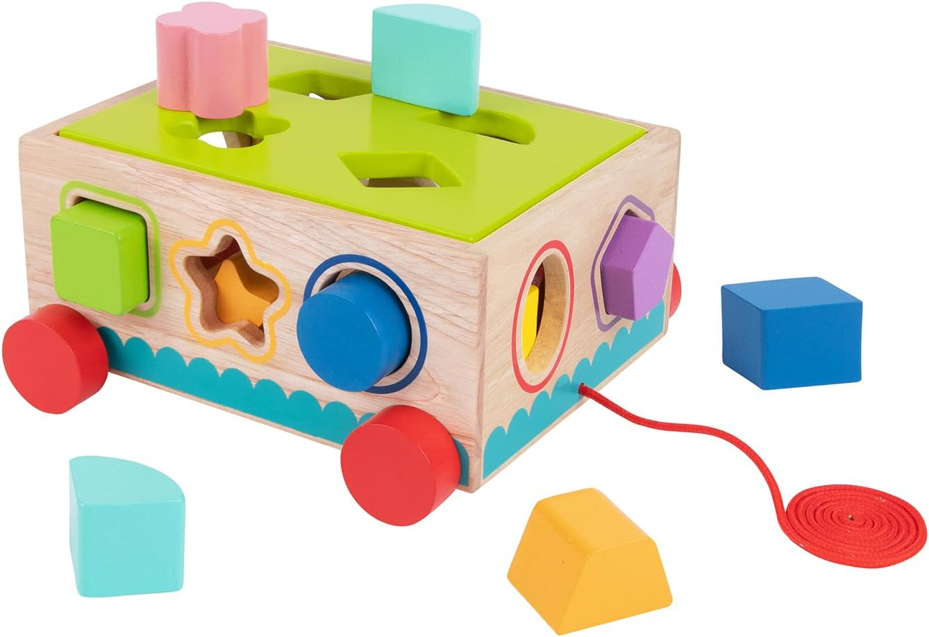 Tooky Toy Woode Shape Sorter Pull along Cart with Wooden Blocks Toddler Toy image number 1