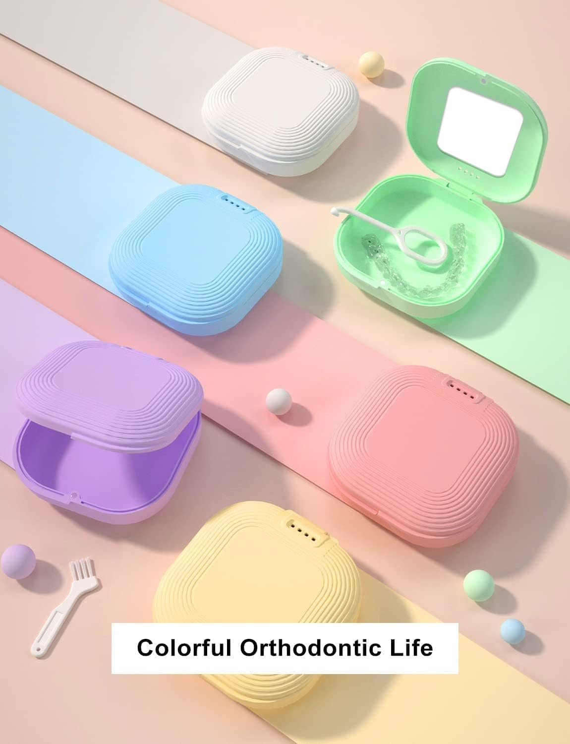 Retainer Case with Mirror, Slim Aligner Case with Vent Holes, Compatible with Invisalign, Mouth Guard Case, Cute Retainer Case with Retainer Removal Tool, Chewies and Brush, White image number 2