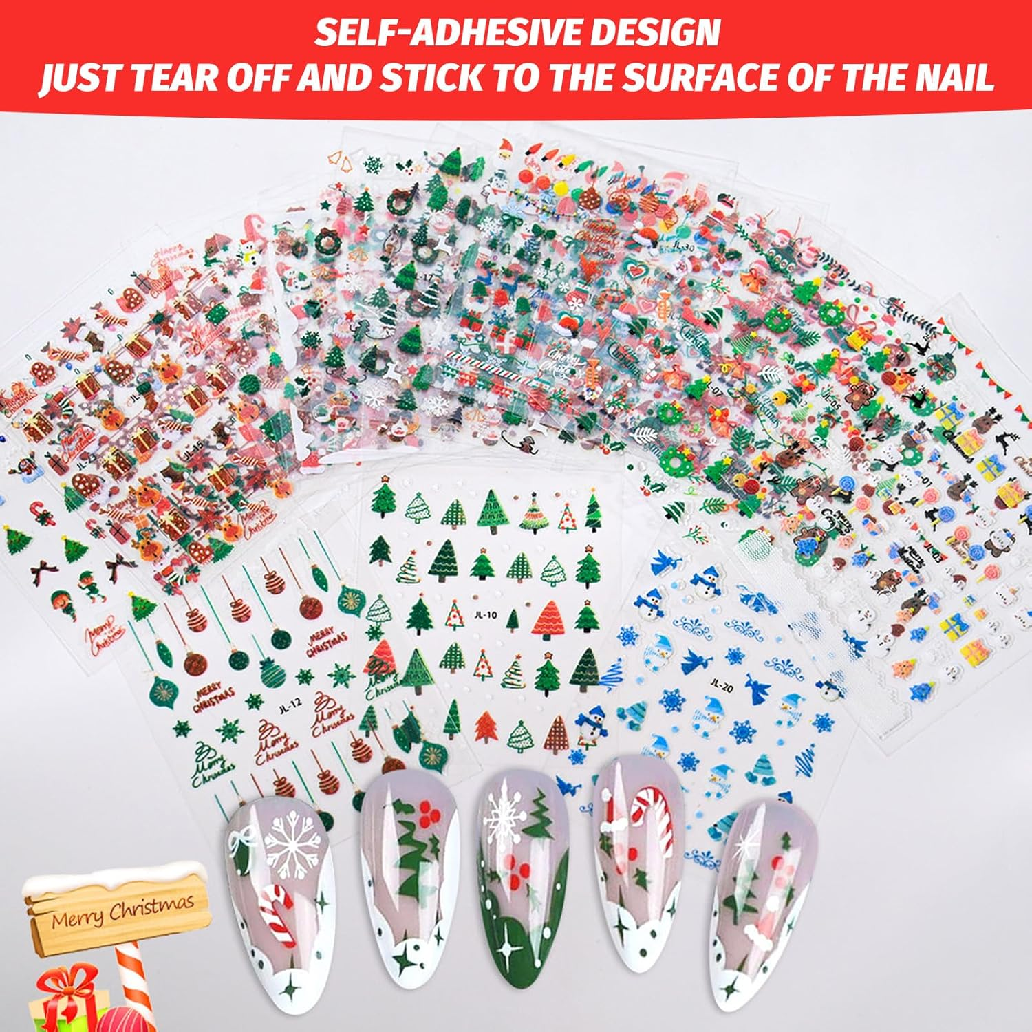 Christmas Nail Stickers 30 Sheets 3Dself-Adhesive Seasonal Nail Decals with Penguin, Deer, Snowman, Snowflake, Elk, Santa Claus for Women'S Winter Holiday Nail Art​ image number 4