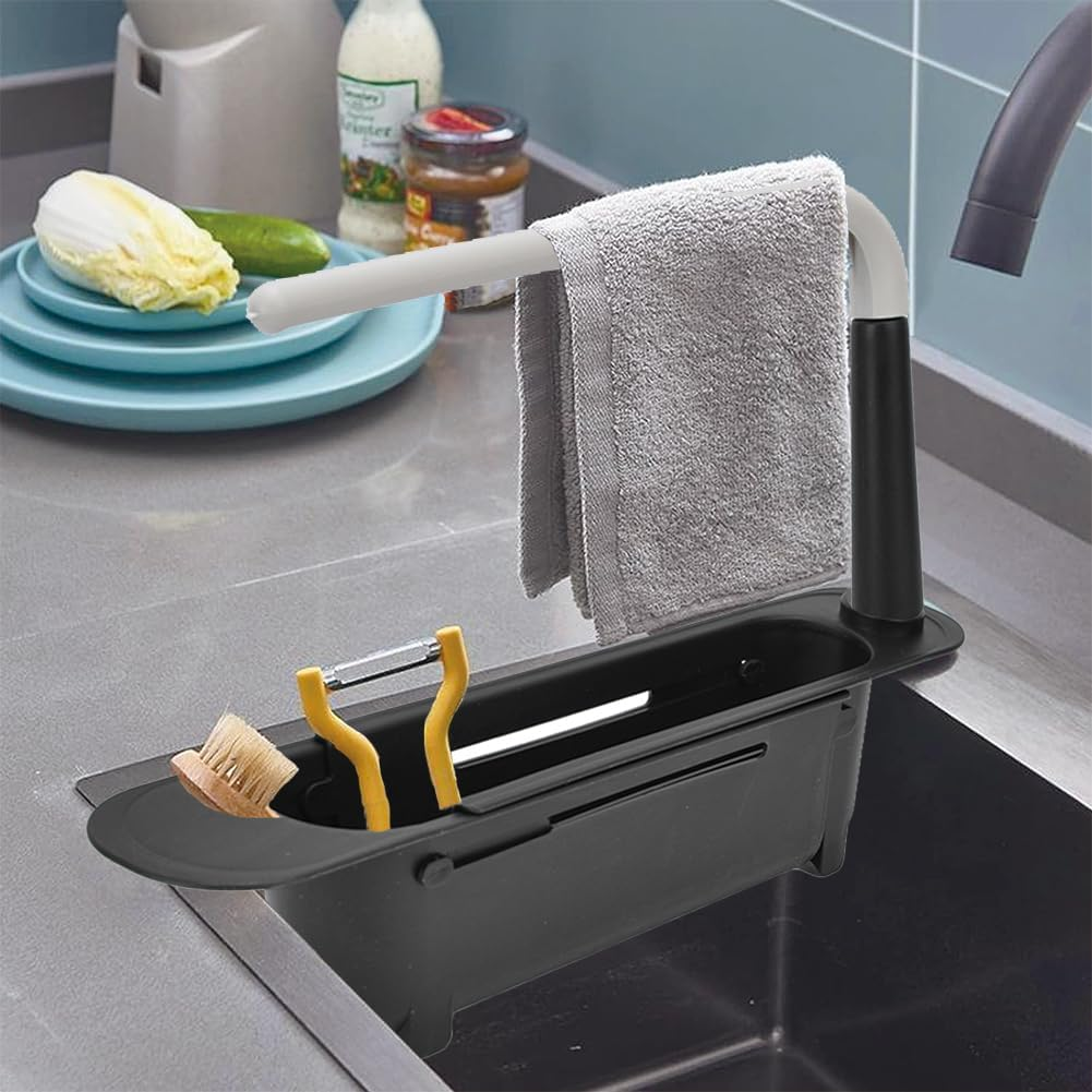 Telescopic Sink Storage Rack, Expandable Utility Farmhouse Accessories Sink Multifunctional Updated Adjustable Rollable Sponge Holder for Kitchen Dishes Cups Fruits(Black) image number 2