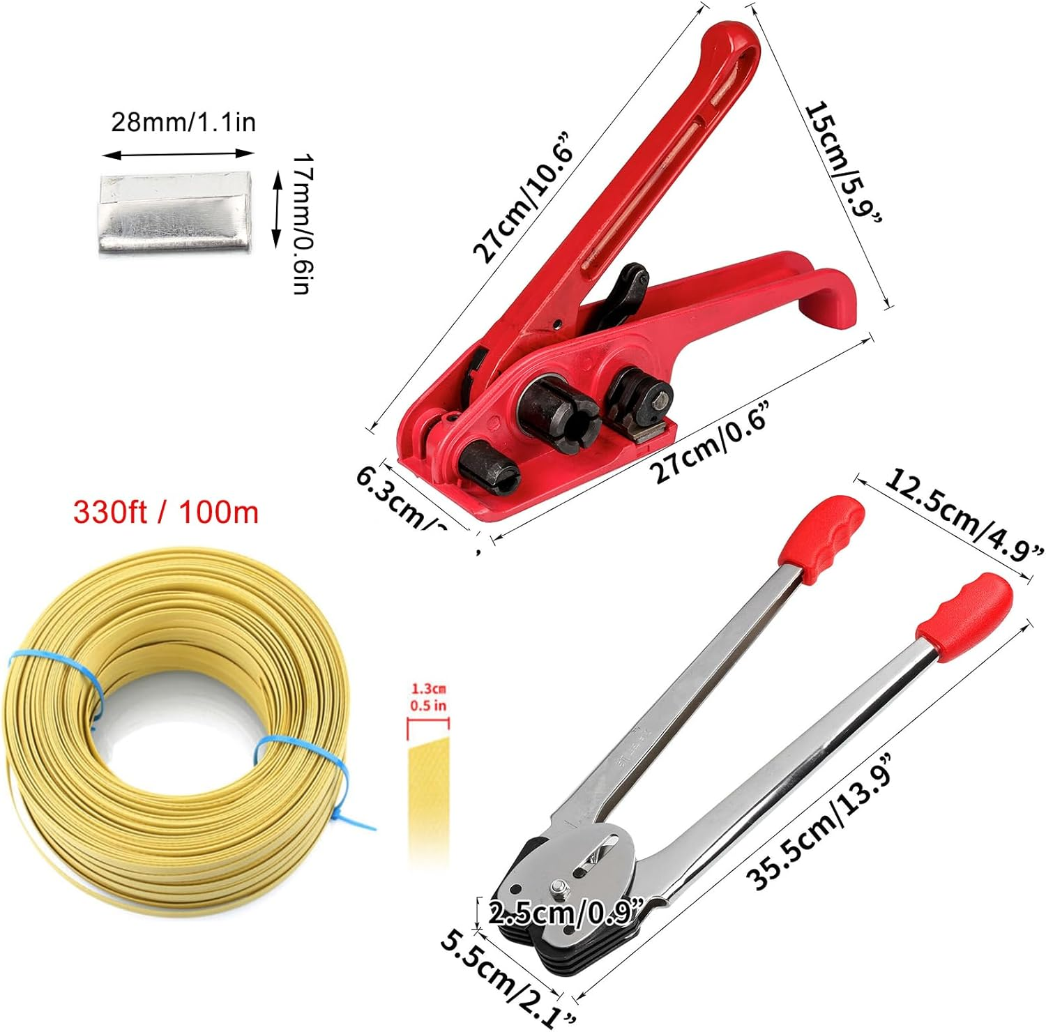 Pallet Banding Packaging Strapping Straps Kit, Tensioner Tool Sealer Strapping Heavy Duty PET/PP Banding Machine Package Tool with 100M Packing Belt & 50Pcs Strapping Buckles Kits for Strap Width 1/2" image number 5