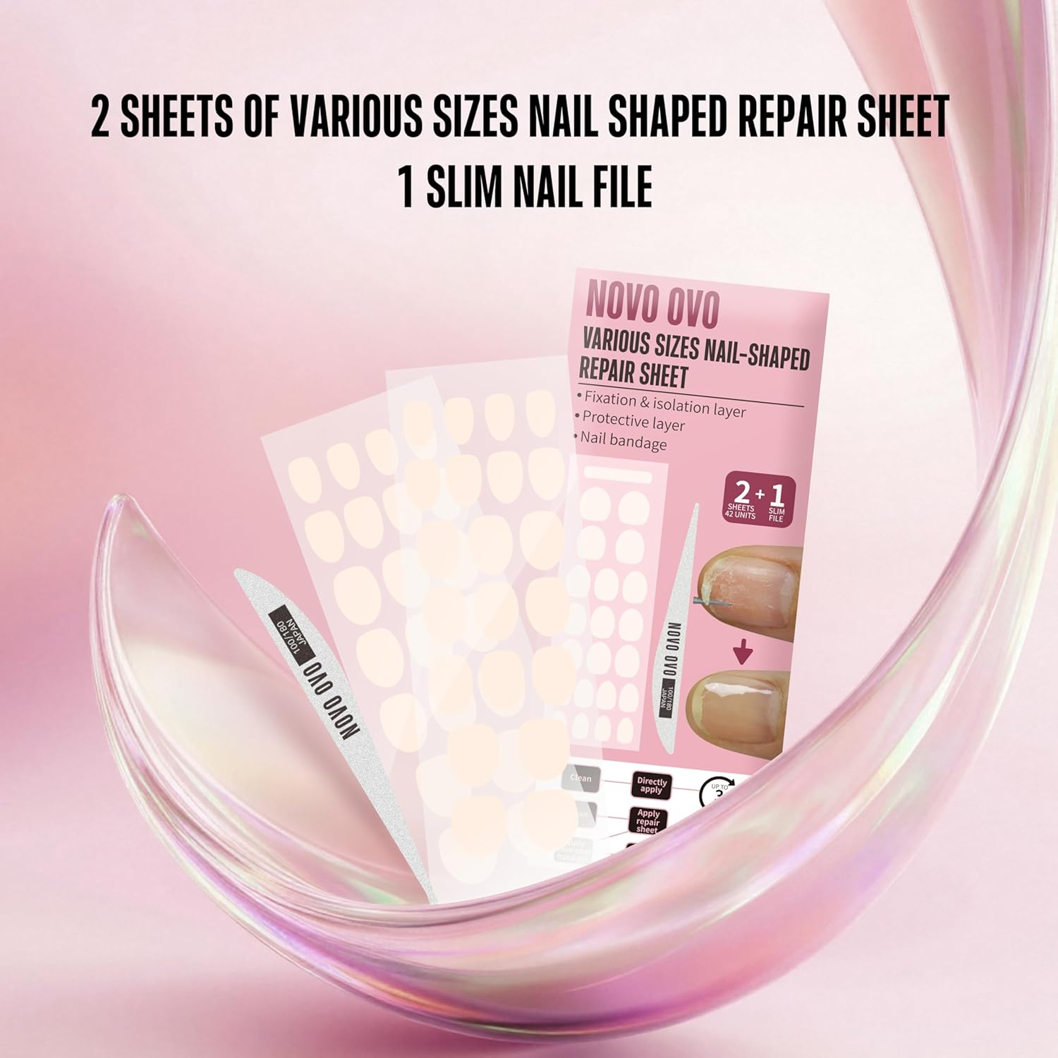 NOVO OVO Pre-Cut Nail Shaped Repair Sheets Various 21 Sizes with Slim File, Fixation & Insulation Layer, Bandage for Broken Nail Surface, Recovery Protection Layer for Acrylic, Easy to Use, Pack of 42 image number 4
