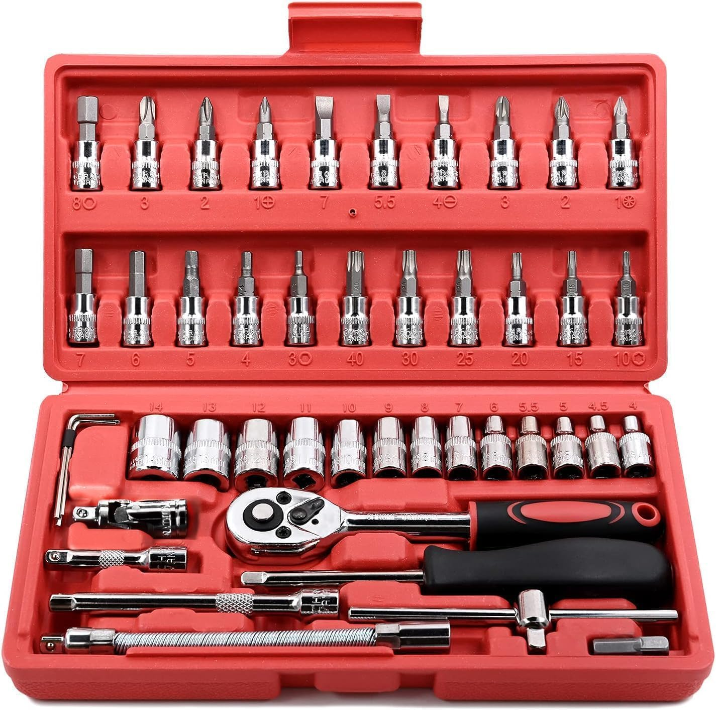 46 Pieces 1/4 Inch Drive Socket Ratchet Wrench Set, Mechanic Tools with Bit Socket Set Metric and Extension Bar for Auto Repairing and Household, with Storage Case image number 3