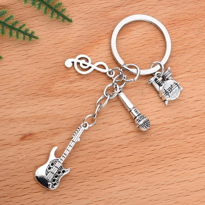 YALLNASL Music Themed Keychain for Musicians, Singers, Drummers & Guitarists - Silver, Novelty Style with Stainless Steel Music Notes & Instruments - Unisex Adults image number 2