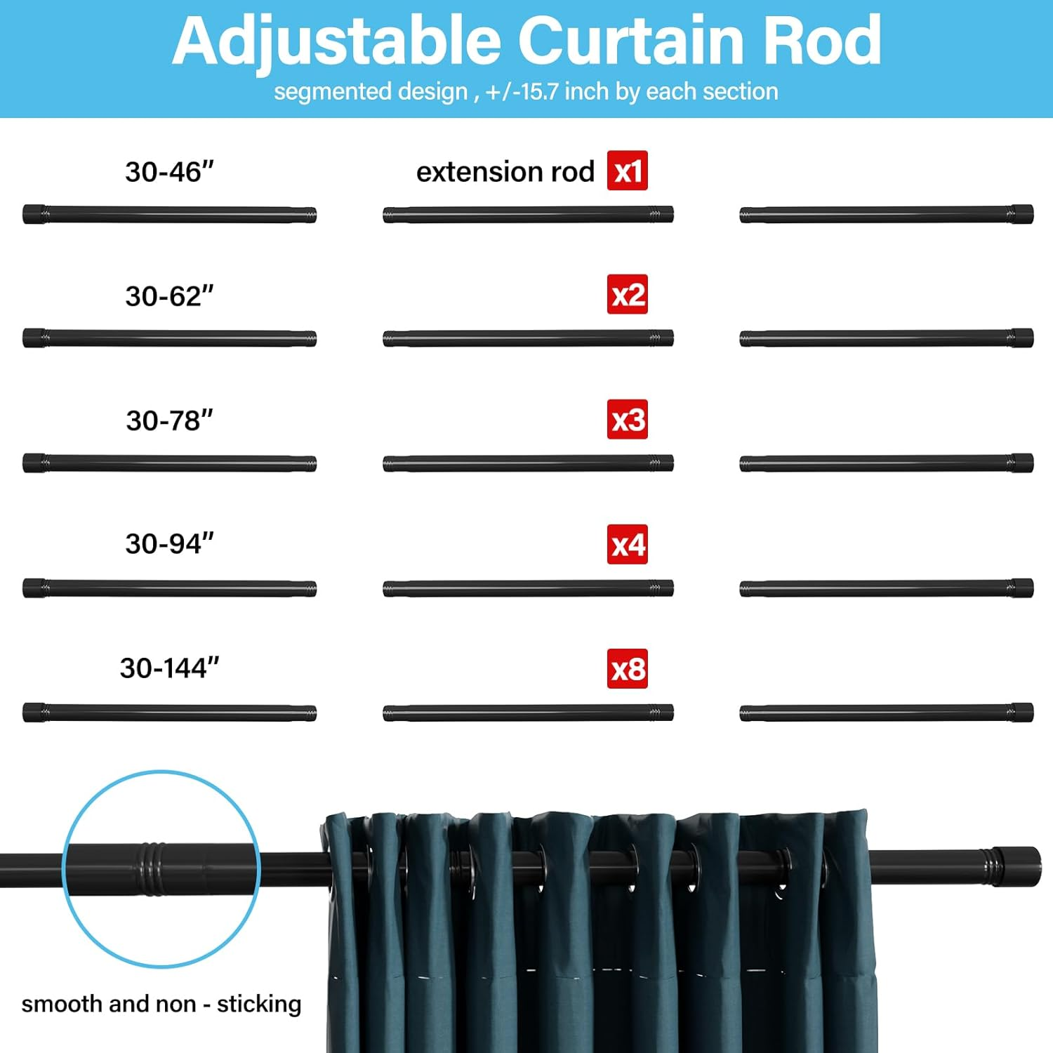 Black Curtain Rods for Windows 30 to 46 Inch - Heavy Duty 1 Inch Curtain Rod - Adjustable Window Curtain Rod with Brackets - Small Drapery Rod for Living Room, Bedroom, Kitchen, Bathroom image number 2