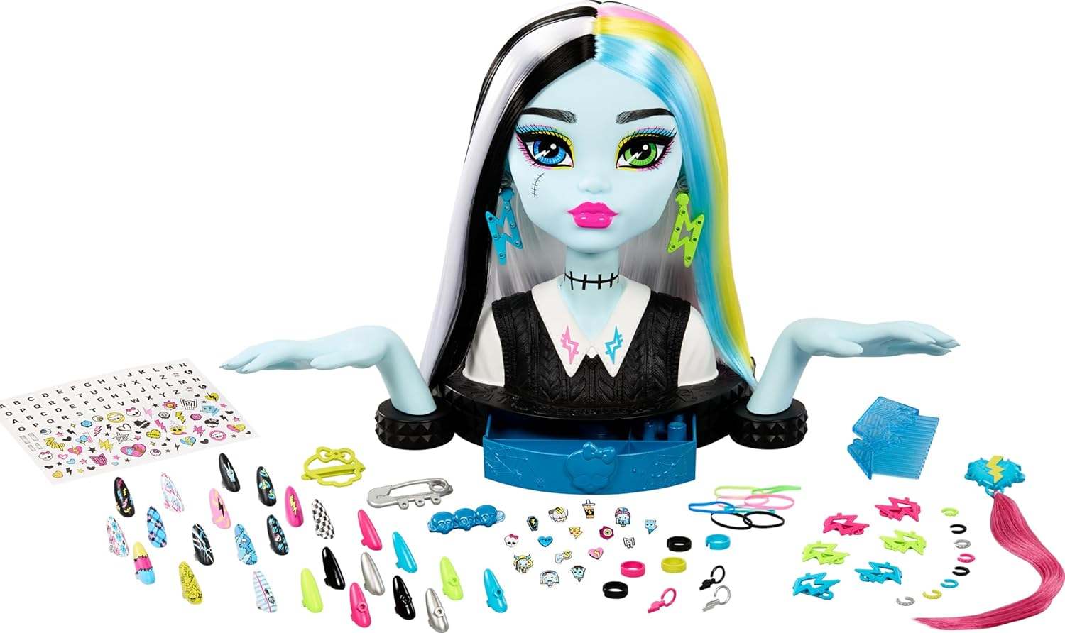 Monster High Frankie Stein Doll Head for Hair Styling with 65+ Accessories Including Wear & Share Nails, Hair Ties, Barrettes and Stickers image number 5