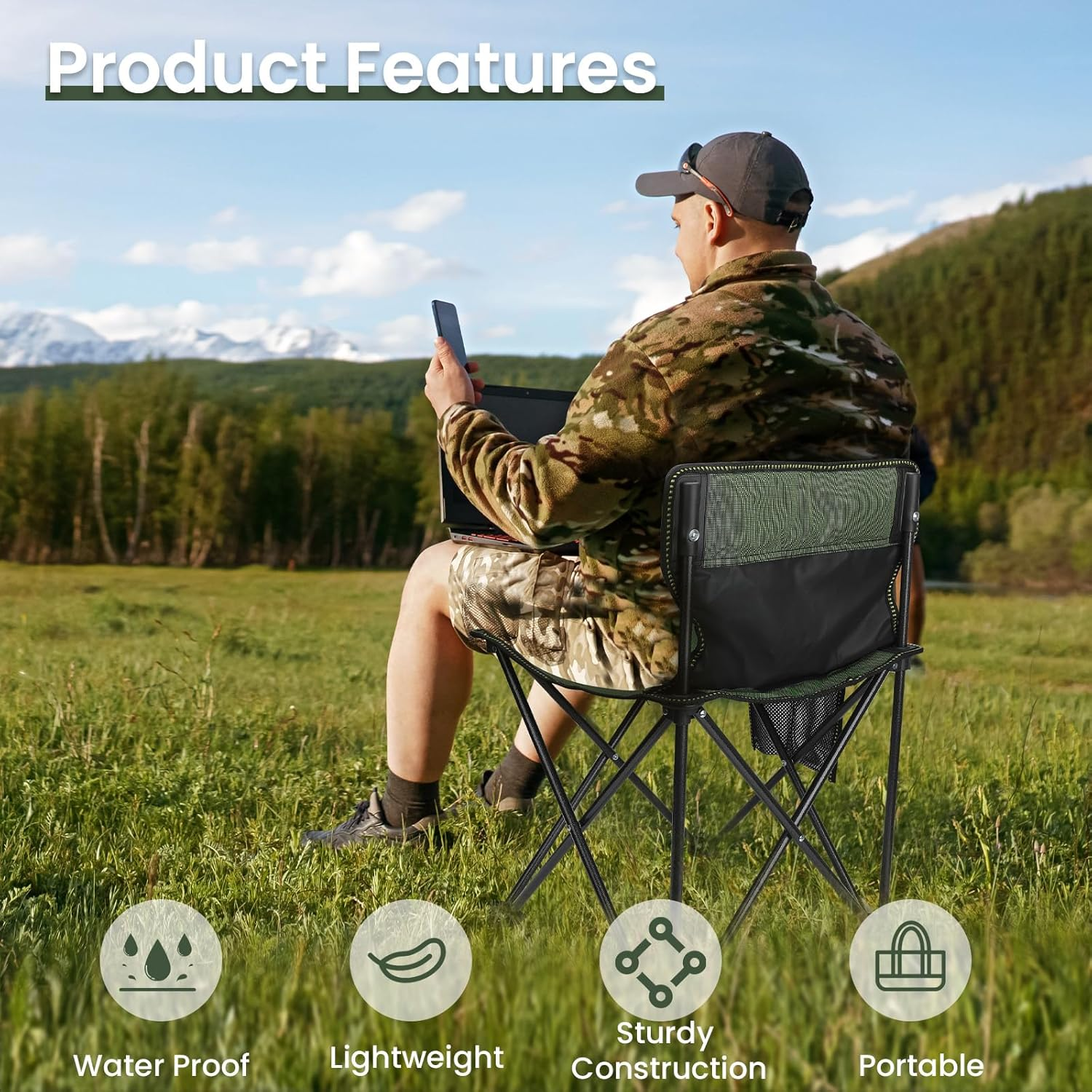 Camping Hiking Chair Outdoor Fishing BBQ Garden Seat, Portable Lightweight Picnic Beach (Green) image number 2