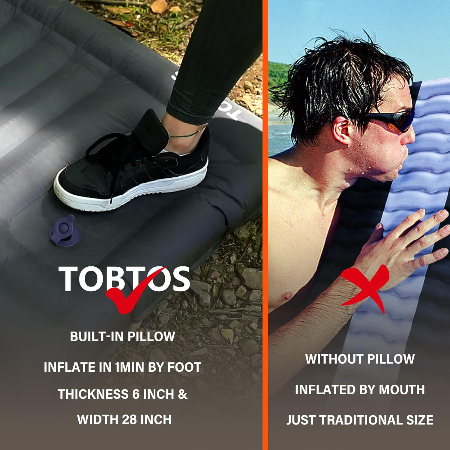 TOBTOS Self Inflating Camping Sleeping Pad with Pillow, Thick 6 Inch Ultralight Sleeping Pad with Built-In Pump, Lightweight Sleeping Mat for Camping, Backpacking, Hiking, Tent (Grey) - Blue image number 2