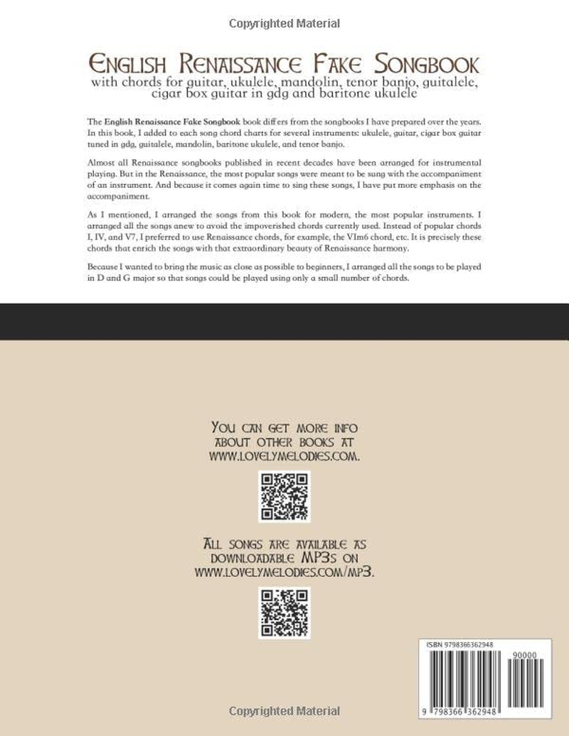 English Renaissance Fake Songbook with Chords for Guitar, Ukulele, Mandolin, Tenor Banjo, Guitalele, Cigar Box Guitar in GDG and Baritone Ukulele image number 1