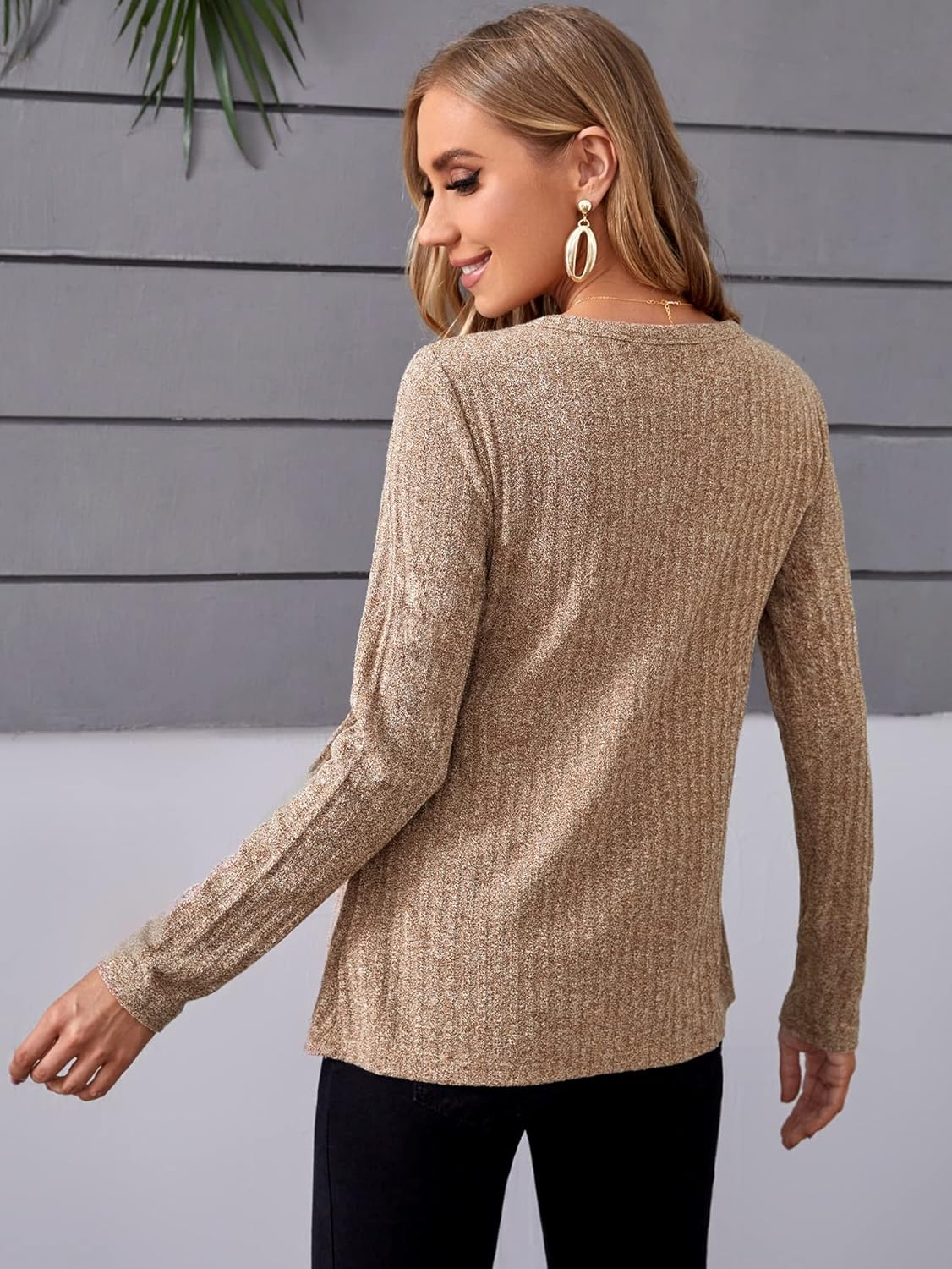 MAKEMECHIC Women'S Maternity Shirts Casual Long Sleeve Tie Front Ribbed Knit Pregnancy Tee Top image number 3