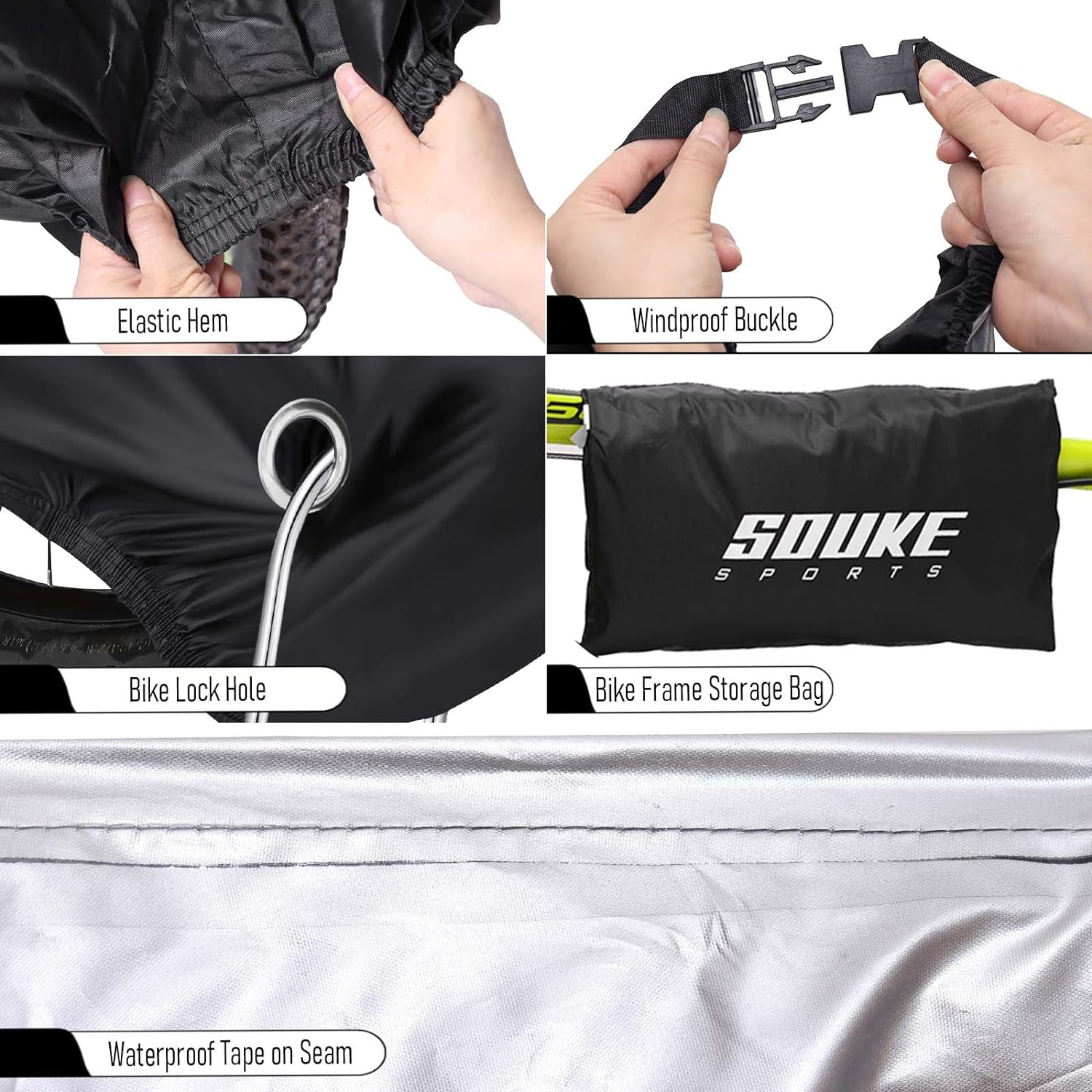 Souke Sports Bike Cover Outdoor Waterproof Bicycle Tent 210D with Storage Bag for Mountain Road Electric Bike, 78.8 X 27.58 X 43.34 Inches image number 5