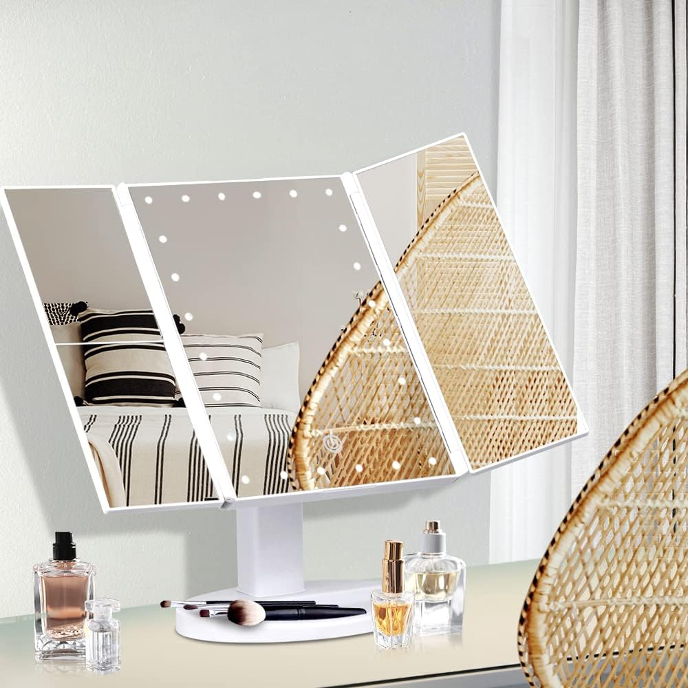 Embellir LED Makeup Mirror, Vanity Mirrors Beauty Cosmetic Dressing Bathroom Decor, Beads with 1X2X3X Magnification Foldable Built-In Storage Tri-Fold Rectangle