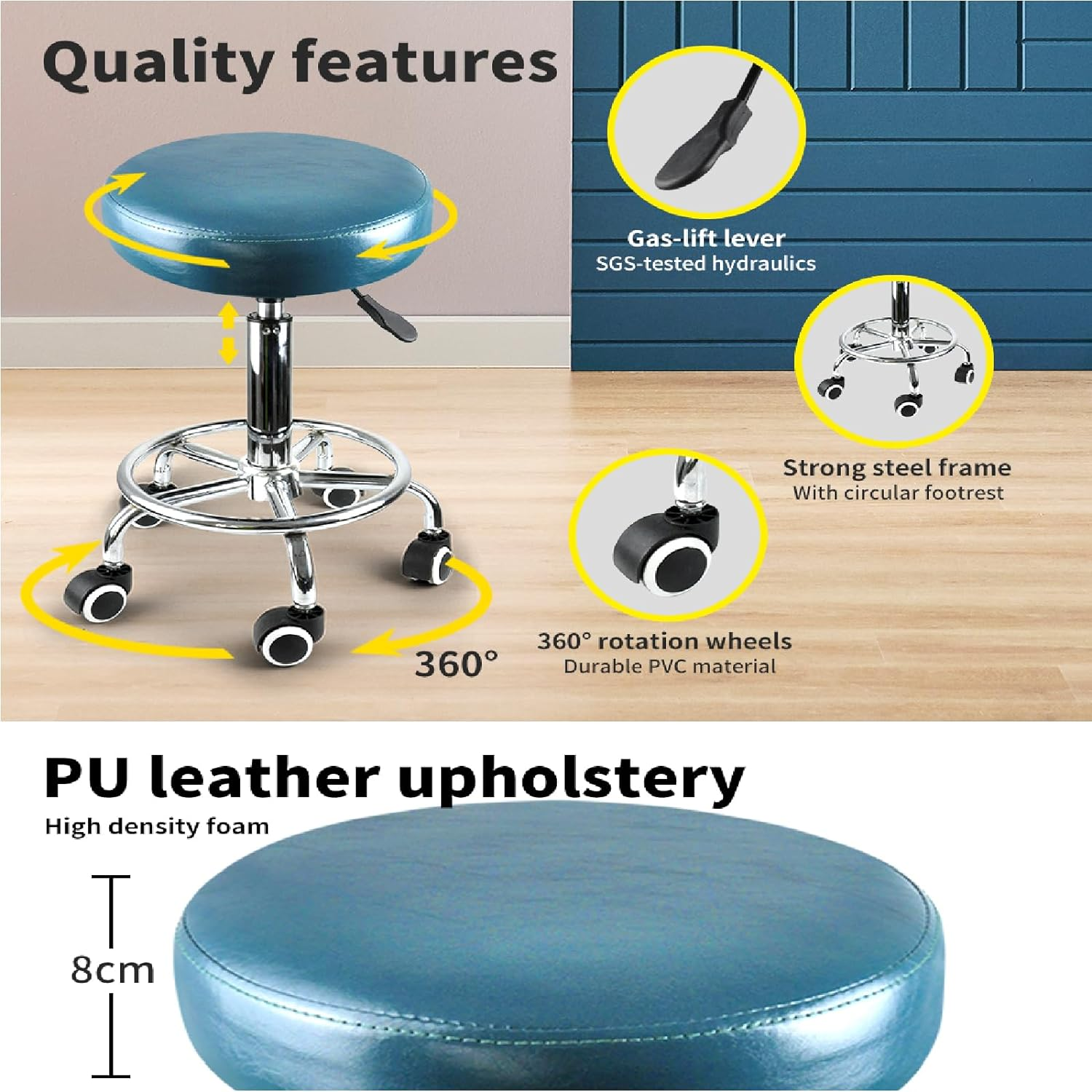 LEVEDE round 360&deg; Swivel Salon Stool, PU Leather 50-65Cm Height Adjustable Barber Stools, Rolling Chair for Home, Office, Spa, Lab (Teal) image number 6