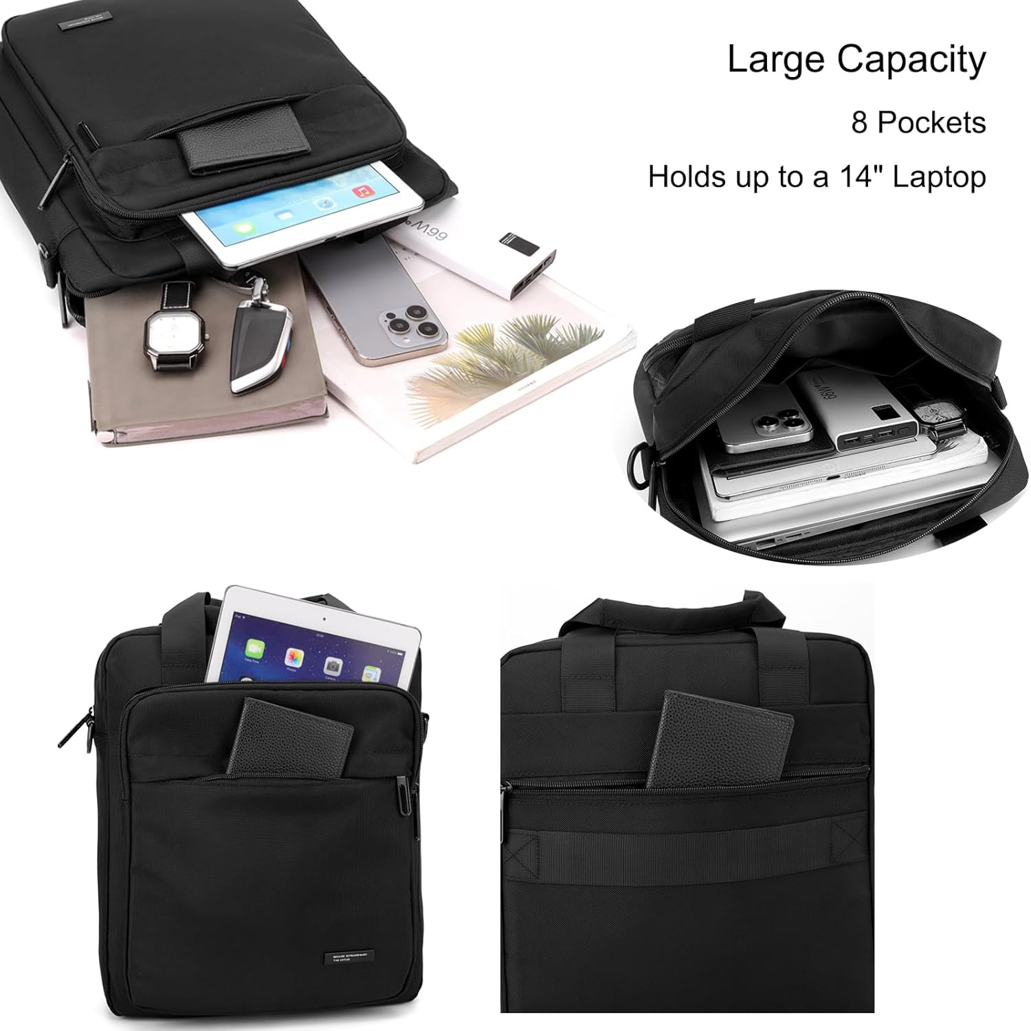 Men'S Messenger Bag A4 Nylon Large Shoulder Bag Business Waterproof Casual Black Crossbody Bag for Work Travel Outdoor, Black image number 5