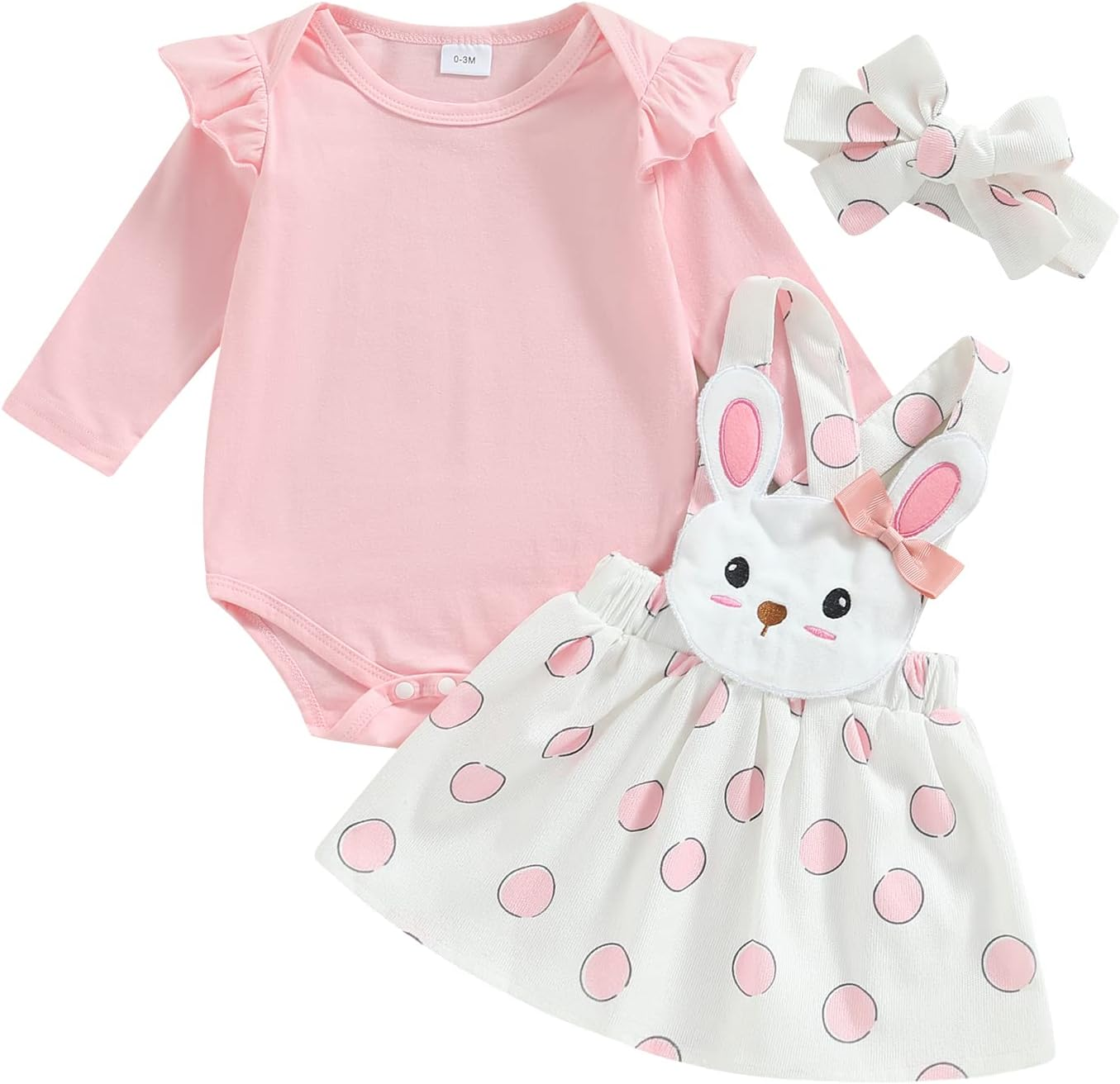 Newborn Baby Girl Pink Bunny Outfit Long Sleeve Romper Rabbit Suspender Skirt Overall Dress Headband My 1St Easter Outfit