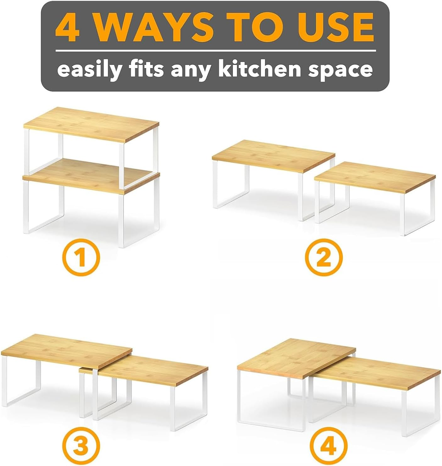 LOVJOYSE Cabinet Organizer Shelf, Set of 2 Kitchen Counter Shelves, Kitchen Storage, Spice Rack, Stackable, Expandable, Metal and Engineered Wood, Ink Black and Natural Whtie