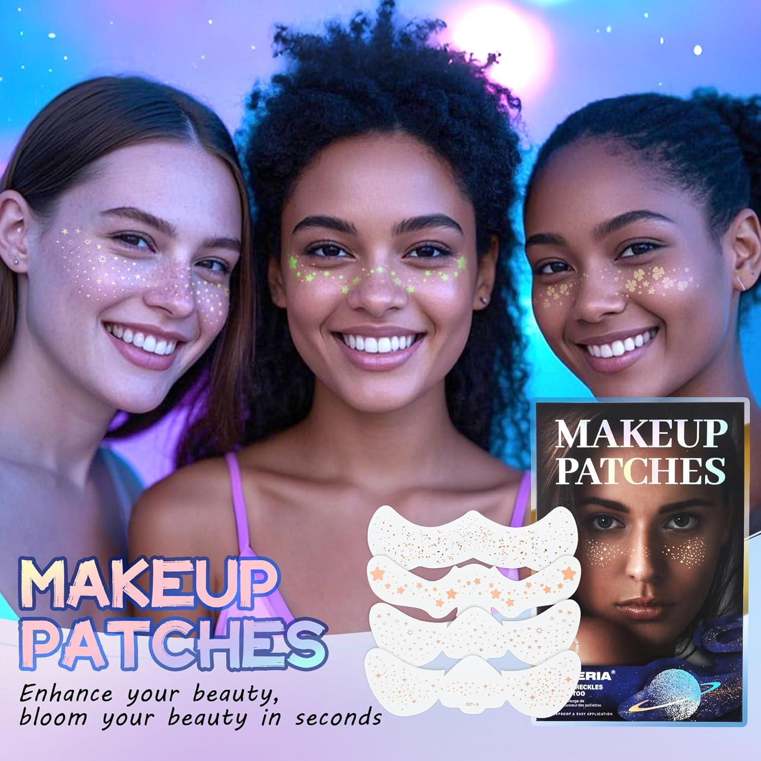 VANERIA Glitter Freckles Face Tattoo 8 PCS Sparkle Star Freckles for Girls,Face Glitter Makeup Patches (Rose Gold) - Gold image number 7