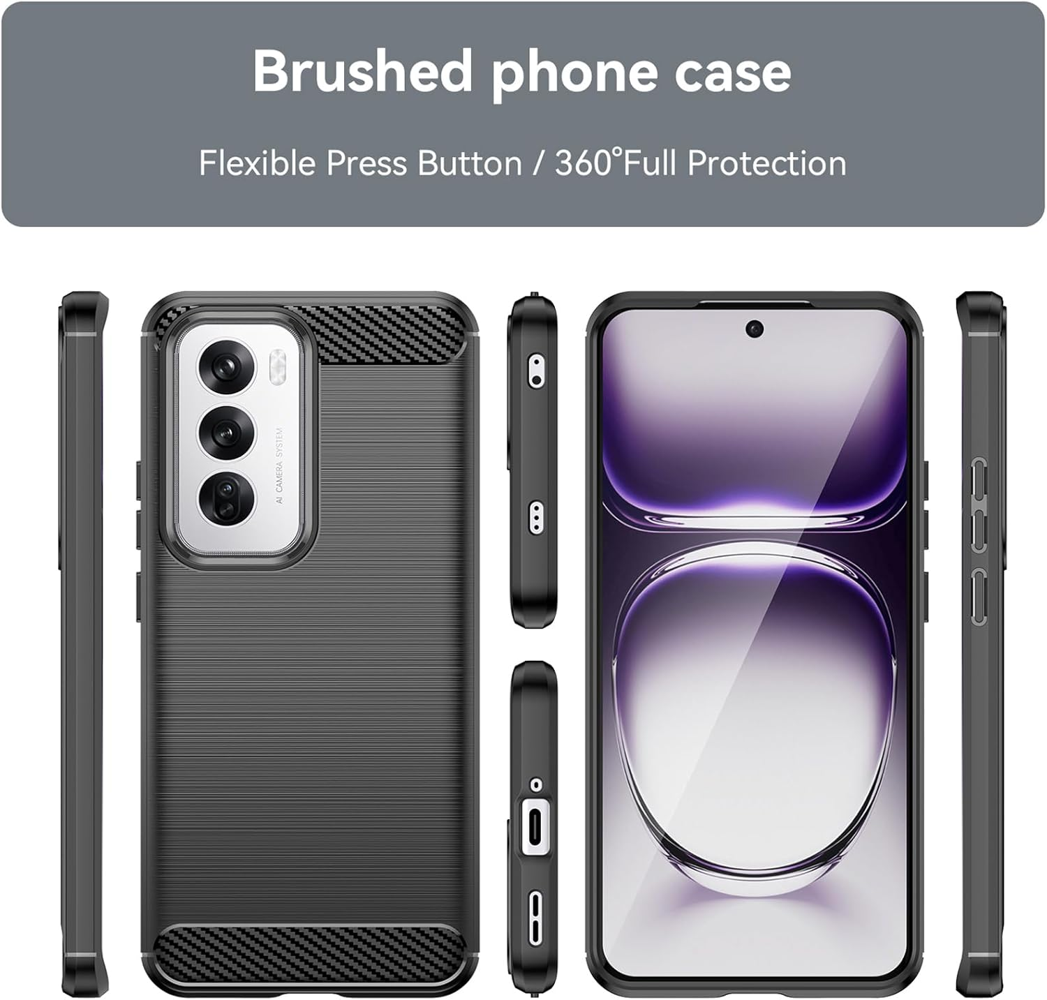  HEYUS Case for Oppo Reno 12 2024, Shock-Absorption Brushed Flexible Soft Carbon Fiber Protective Cover for Oppo Reno 12 2024 - Black image number 2