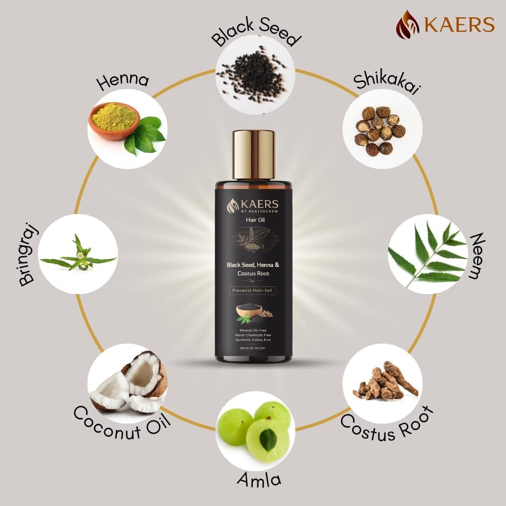 Kaers Black Seed (Kalonji), Hair Oil Containing Henna | No Harsh Chemicals | Best Anti-Dandruff Hair Oil for Long and Strong Hair | 200 ML for Men & Women | Best for Hair Falling image number 4