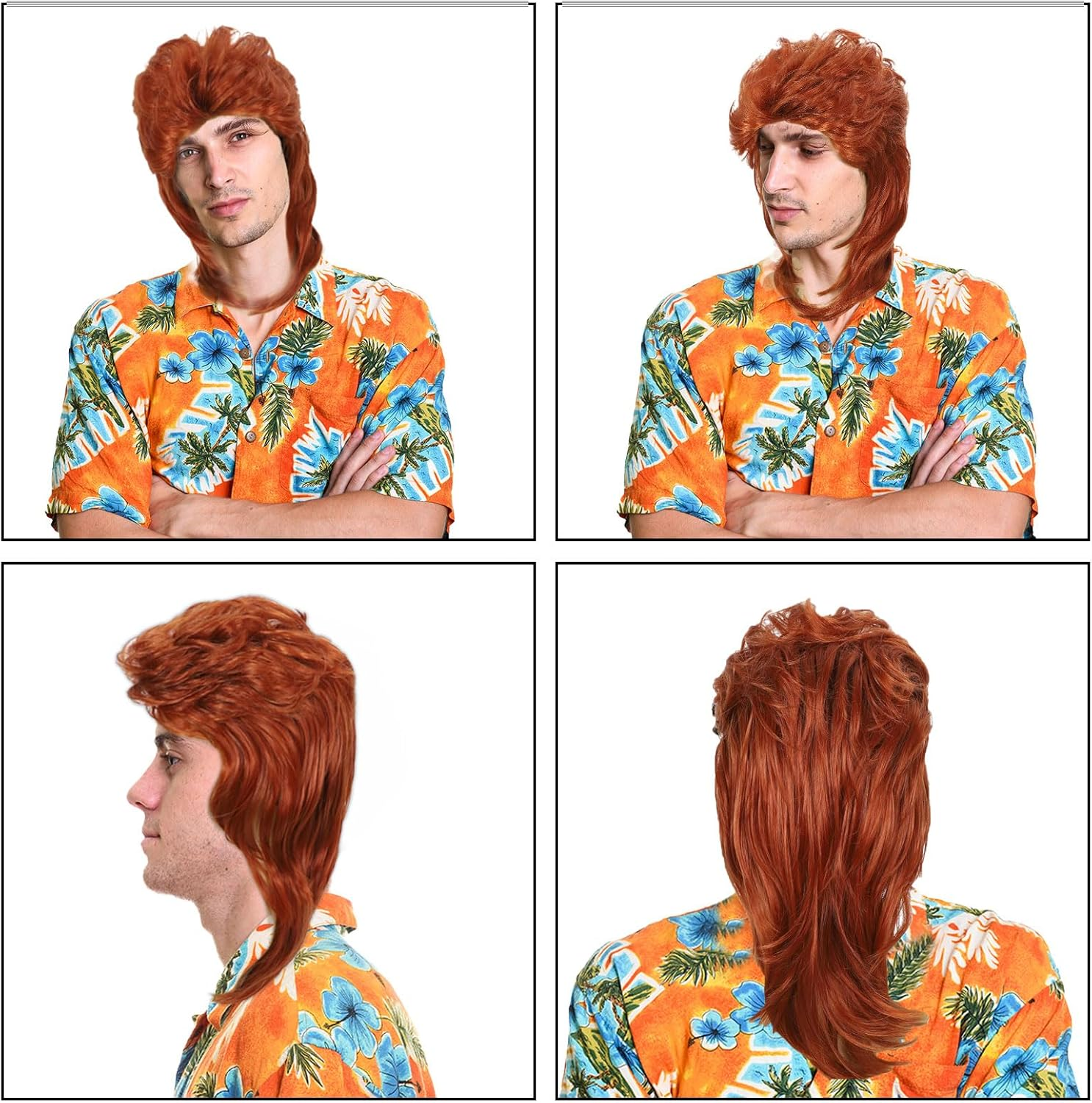 FOUNSHO Red Mullet Wig for Men, Men'S Long Curly Wig, 70S Rocker Fancy Dress Wigs for Adult, Men'S 80S 90S Wigs for Pop Rock Star Costumes Carnival Halloween Party (Red) image number 2