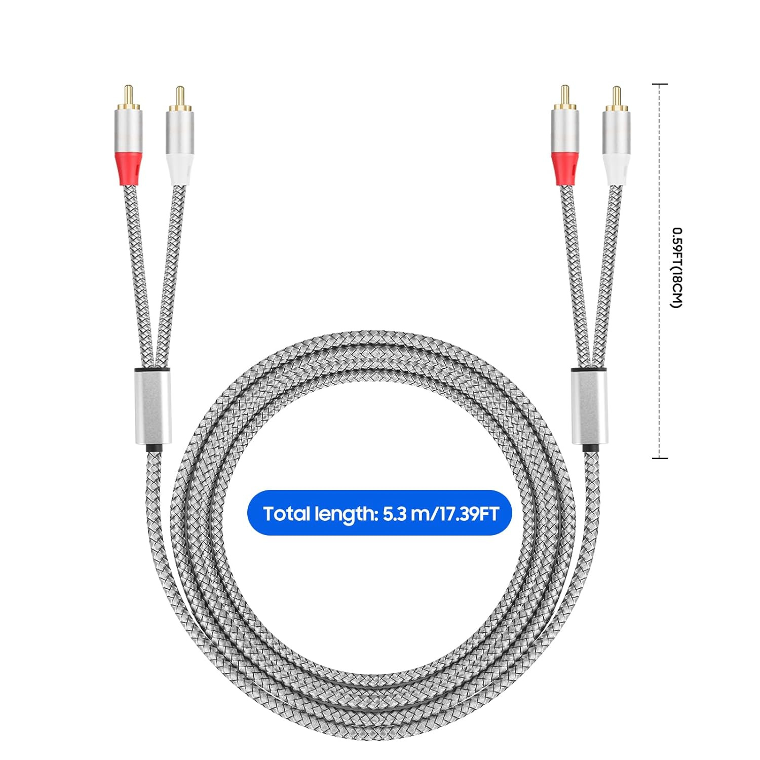 SJINYITONG 2RCA to 2RCA Cable 17.4Ft/5.3M,（Silver/2 Cable） Gold-Plated 2 RCA Male to 2 RCA Male Stereo Audio Cable for Home Theater, HDTV, Amplifiers, Hi-Fi Systems,Speakers and Etc image number 3
