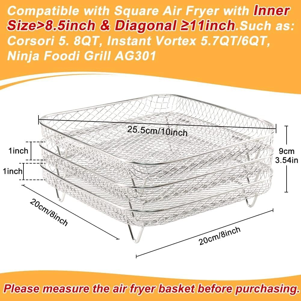 3-Layer Air Fryer Rack,Stainless Steel Stackable Dehydrator Rack with Clipper and 8Pcs Silicone Feet Air Fryer Basket Tray for Baking and Cooking (Square) image number 6
