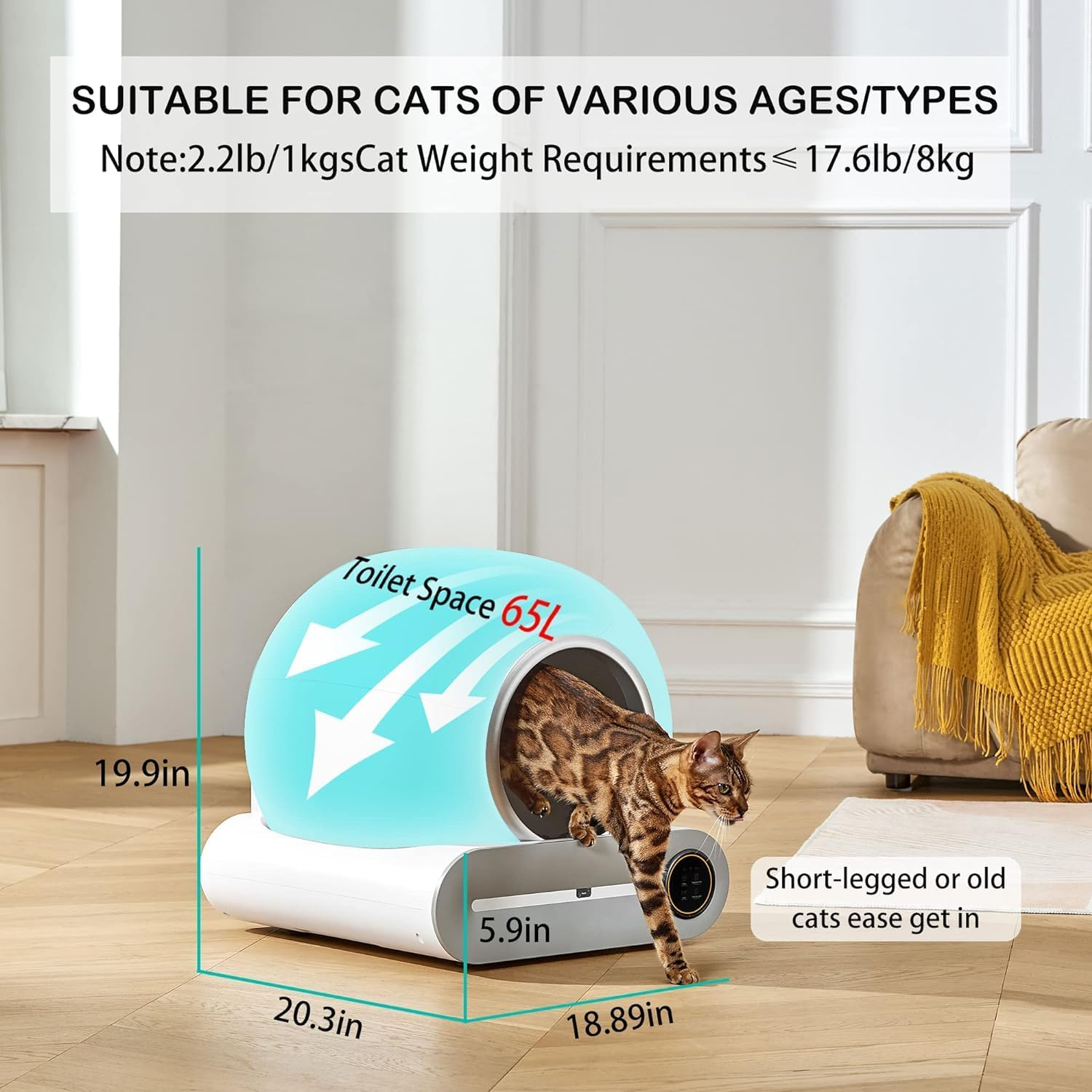 MINYII Self Cleaning Cat Litter Box with Mat & Baffle Plate, 65L+9L Large Capacity, Smart Automatic Cat Litter Box for Multiple Cats, APP Control/Low Noise/Integrated Safety image number 6