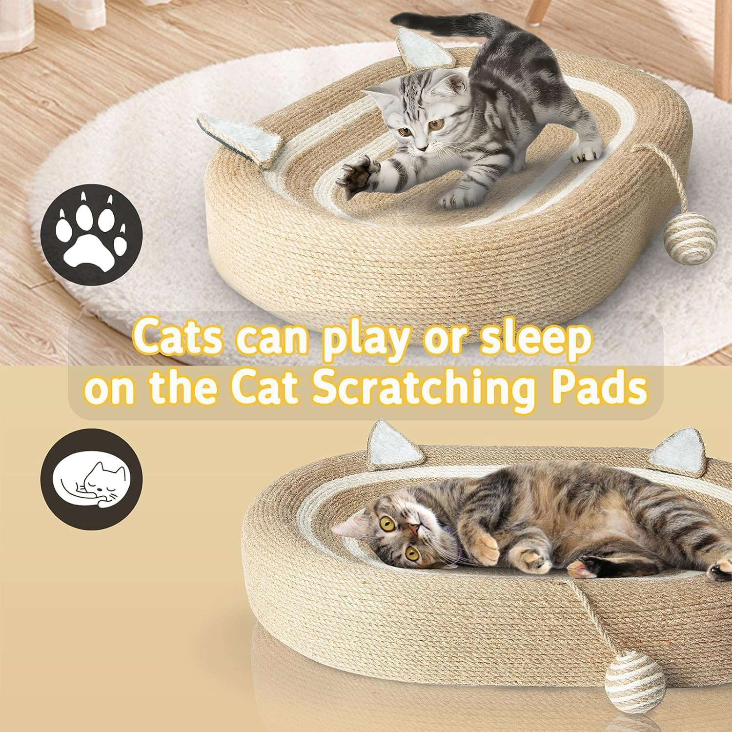 3 in 1 Cat Scratcher Bed, 24-Inch No Debris Scratching Pads with Anti-Slip, Cute Ear-Shaped Design for Indoor Cats, Relieves Boredom