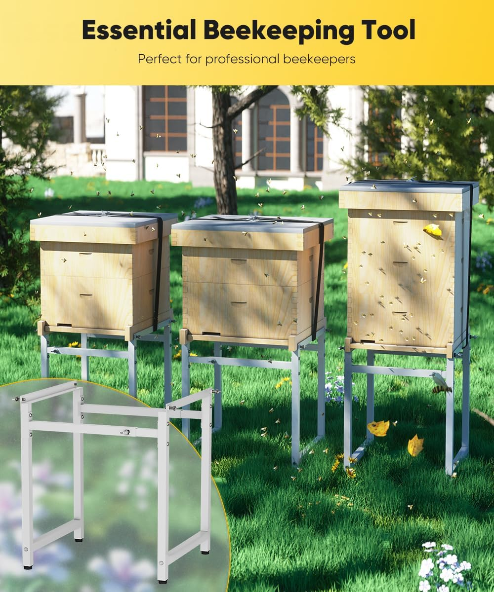 Adjustable Metal Bee Hive Stand with 120-Inches Strap for 8 & 10 Frame Beehives Box, 12 to 19 Inches Width Beehive Frame Holder, Heavy Duty Flow Hives Stands Base for Beekeeping, White - Black image number 4