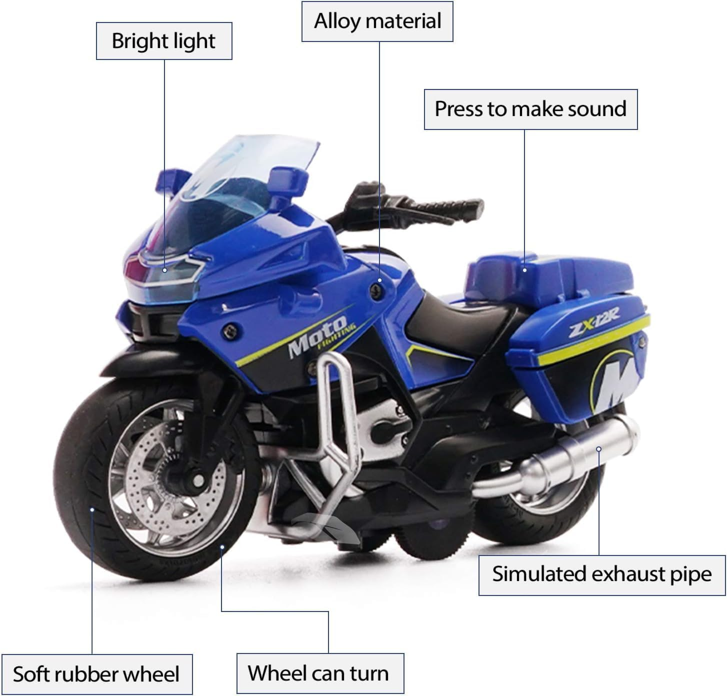 Die Cast Toy Motorcycle Model - Pull Back Vehicles with Sounds and Lights, Motorcycle Toys for Kids 3-9, for Youngsters Who Are into Collectible Scaled Cars and Motorcycles (Blue)