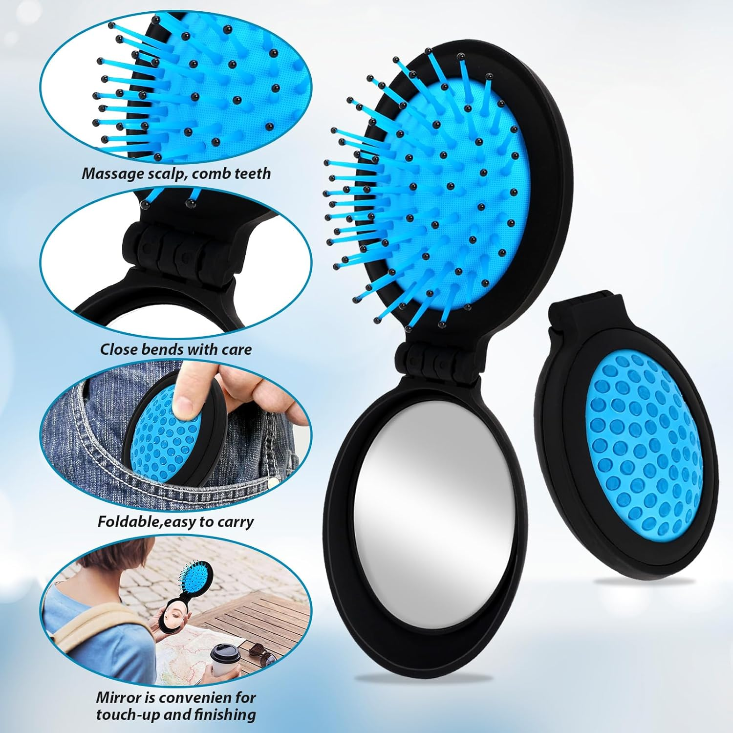 Pack of 2 Mini Foldable Hair Brushes with Mirror Travel Hair Brush Folding Brush Mini round Foldable Hair Massage Comb for Women Girls (Blue, Purple) image number 6