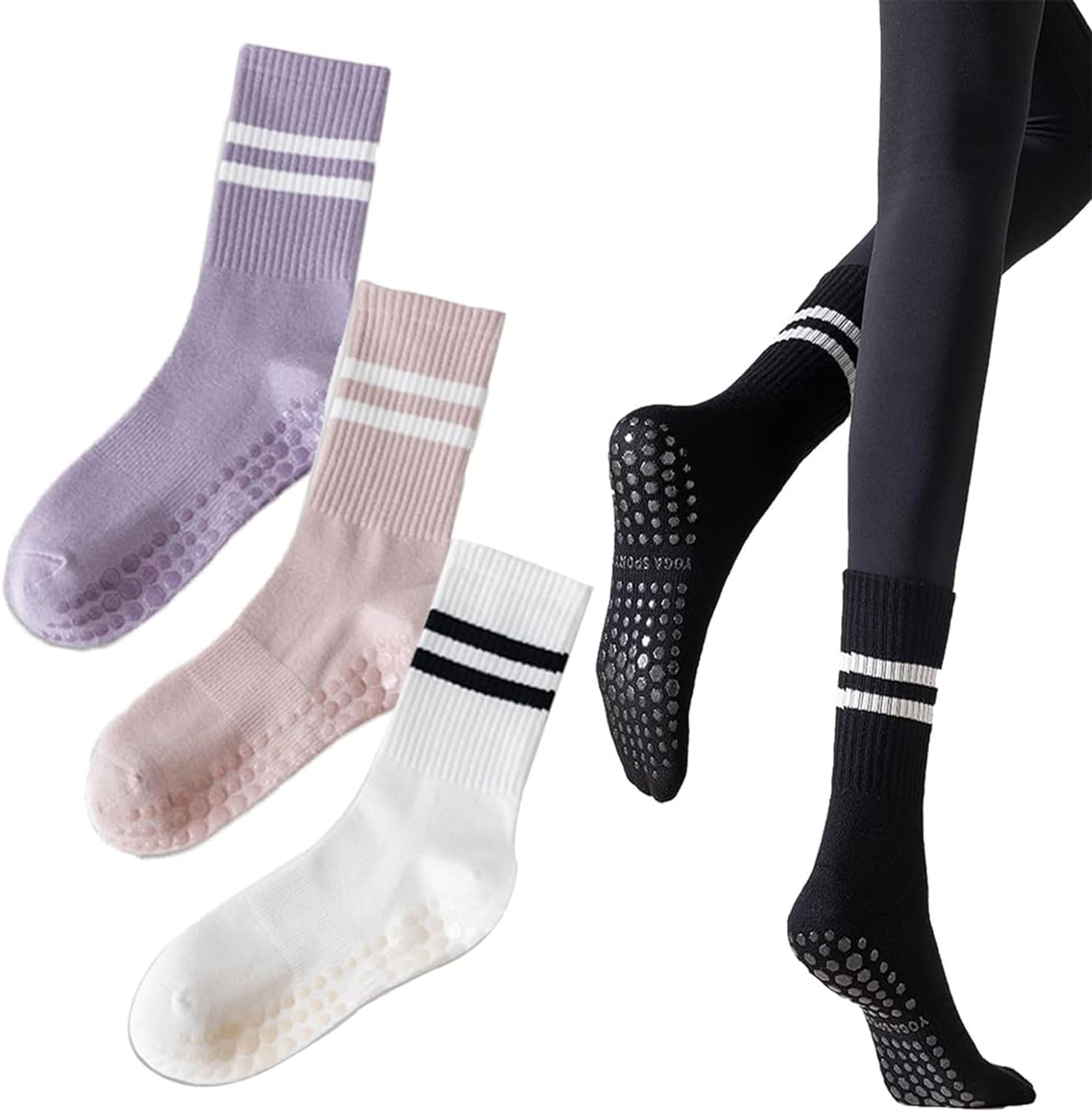 Yoga Socks with Grips for Women, Non Slip Crew Socks for Pilates, Workout, Pure Barre, Ballet, Dance, Hospital (3 Pairs) image number 3