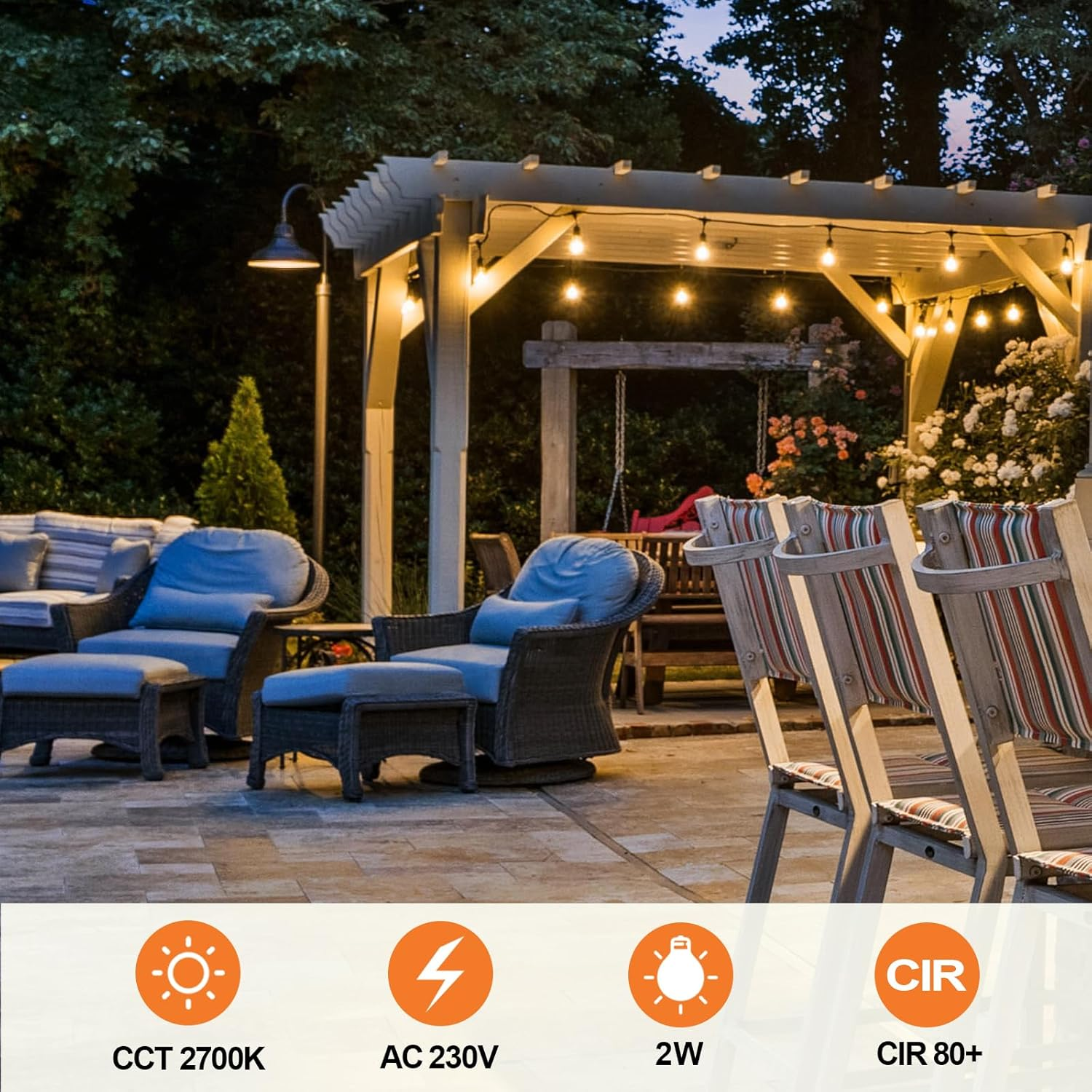 Spacelumen 25 Pack 2W E27 Screw Plastic S14 LED Light Bulb, Shatterproof & Waterproof 2700K Warm White Outdoor String Lights Bulbs image number 6