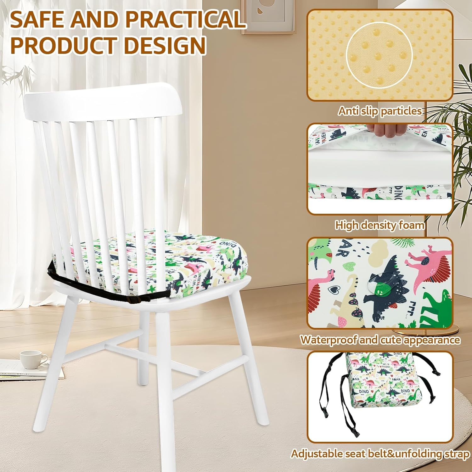 Toddler Booster Seat for Dining Table Non Slip Booster Seat with Adjustable Safety Belt and Fastening Strap Cute Table Booster Seat Lightweight Booster Seat Cushion for Travel Home Toddler - Dinosaurs image number 2