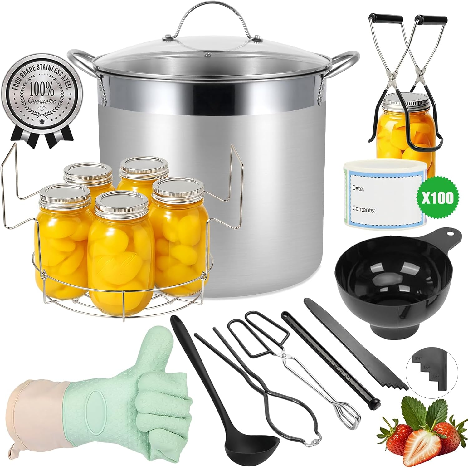 Stainless Steel Canning Pot with Rack and Lid, Large Water Bath Canner, Full Home Canning Supplies Starter Kit, Compatible with Induction and Glass Top Stoves (19L, Black) A1
