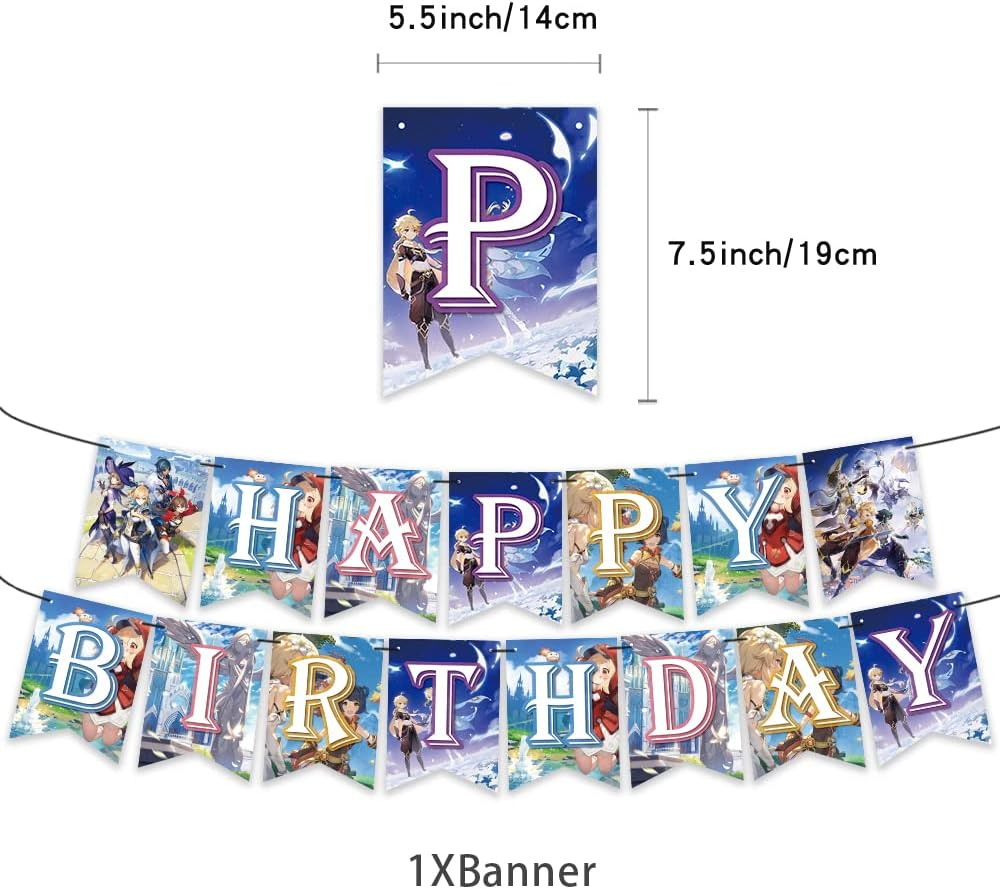 New Genshin Impact Anime Party Decoration，Theme Genshin Impact Birthday Party Supplies Includes Happy Birthday Banners, Balloon ,Cupcake Toppers Arrangement Scene Layout image number 1