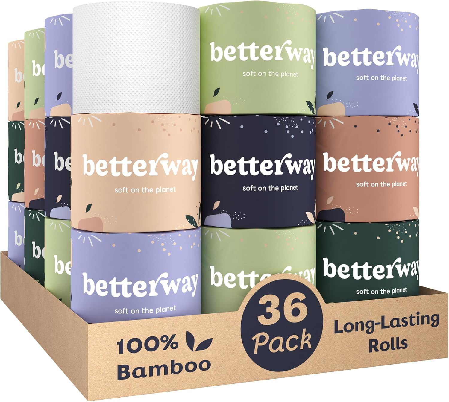 Betterway Bamboo Toilet Paper 3 PLY - Eco Friendly, Sustainable Toilet Tissue - 12 Double Rolls & 360 Sheets per Roll - Septic Safe - Organic, Plastic Free, Compostable & Biodegradable - FSC Certified