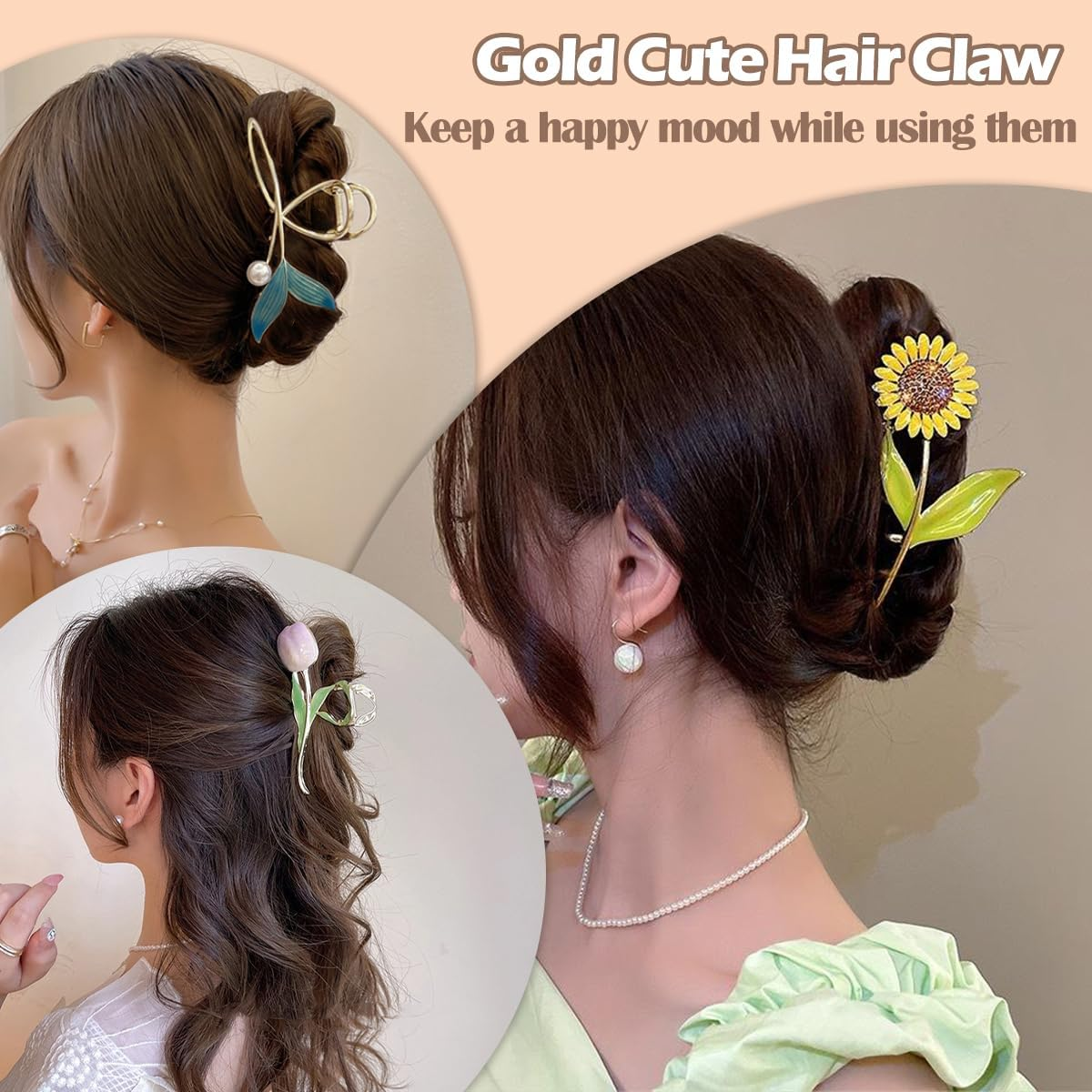 6 X Metal Hair Claw Clips, HAOTIAN-X Gold Cute Hair Claw, Large Sunflower Tulip Hold Hair Pine, Floral Non-Slip Hair Clips Hold Clips, Fashion Hair Catching Clips Barrettes image number 1