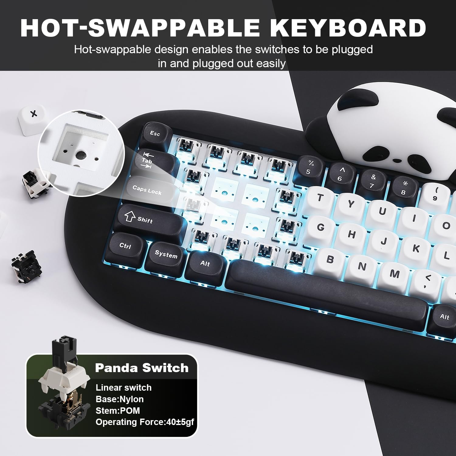 YUNZII C68 Panda Wireless Mechanical Gaming Keyboard, 68 Keys Cute Keyboard with PBT Keycaps, RGB Backlit, Hot Swappable Creamy Keyboard with Bt5.0/2.4G/Wired for Win/Mac(Panda Switch,Black)